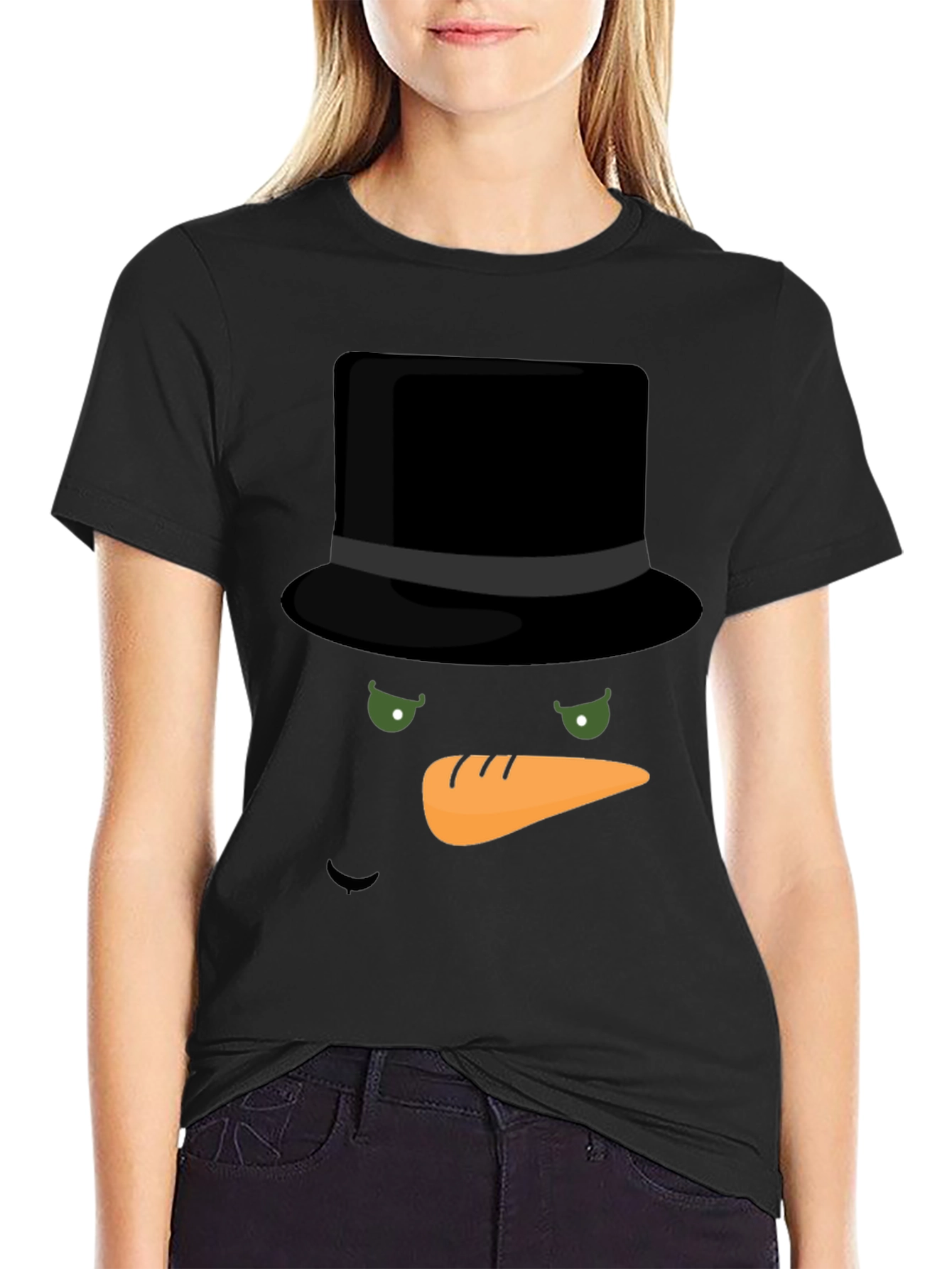 Black Snowman Face T-Shirt - Holiday Festive Apparel view 2