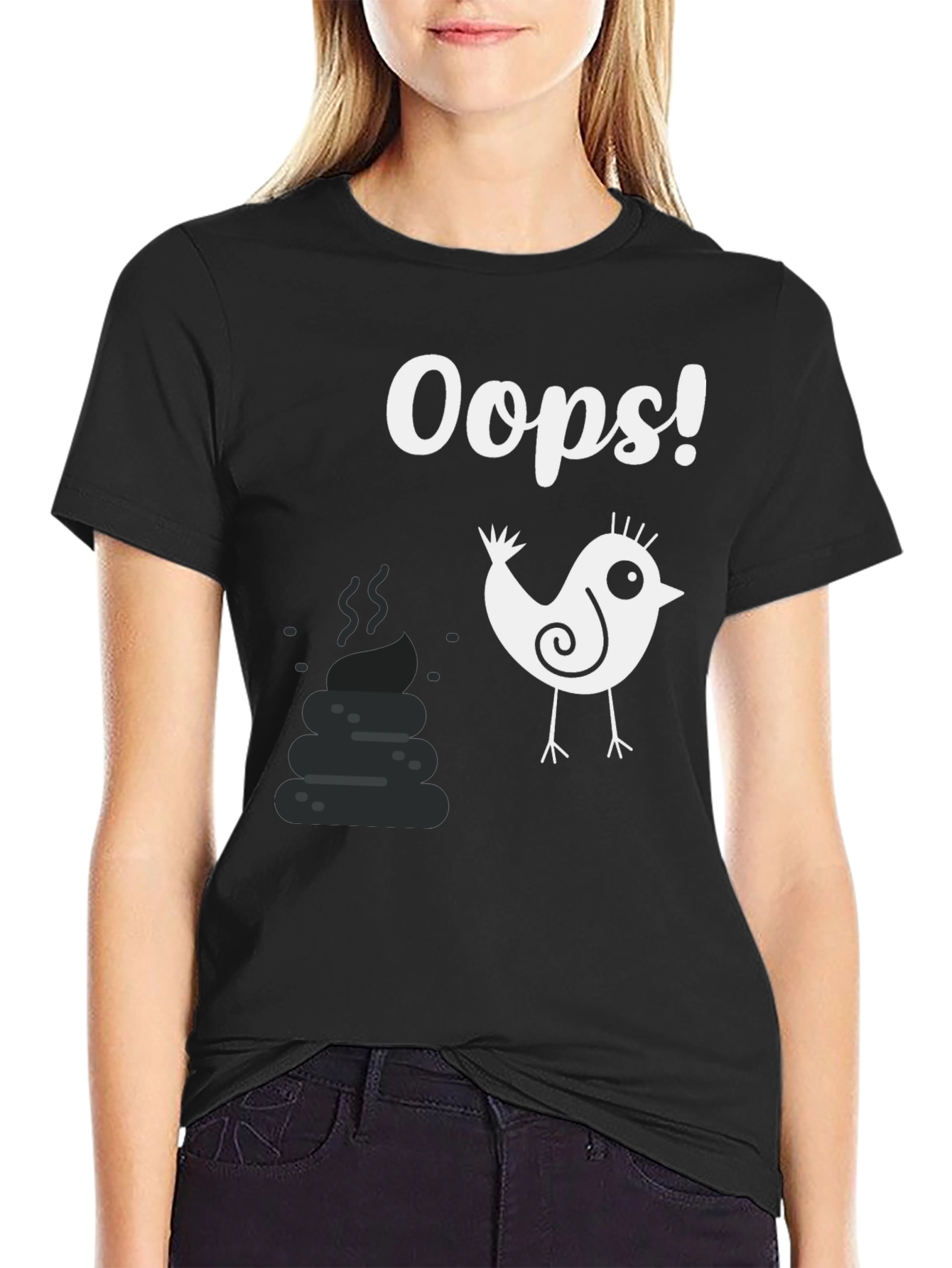 Black Oops! Bird Poop Graphic Tee - Funny Casual T-Shirt view 2