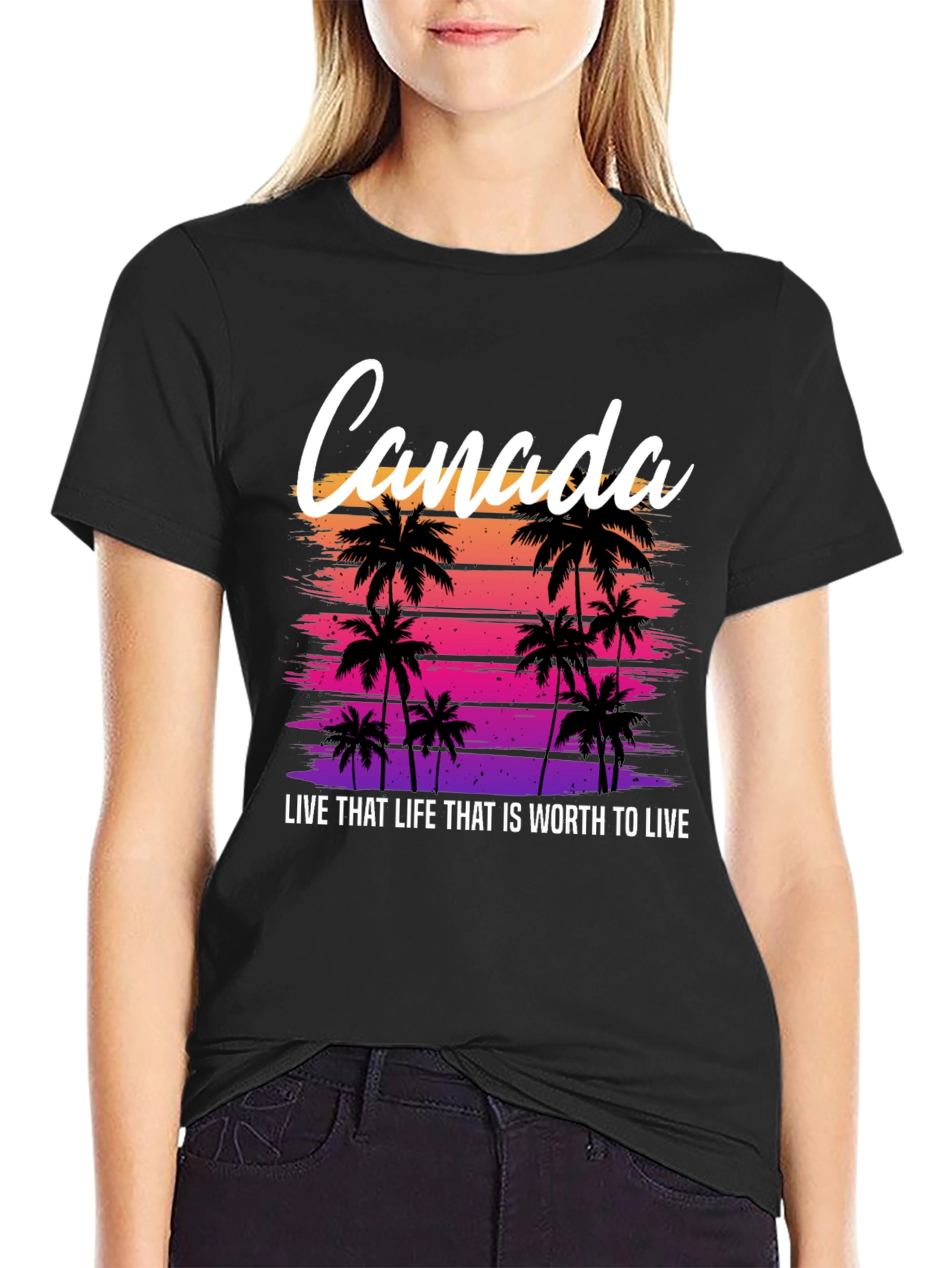 Black Canada Sunset Palm Tree T-Shirt - Live That Life Tee view 2