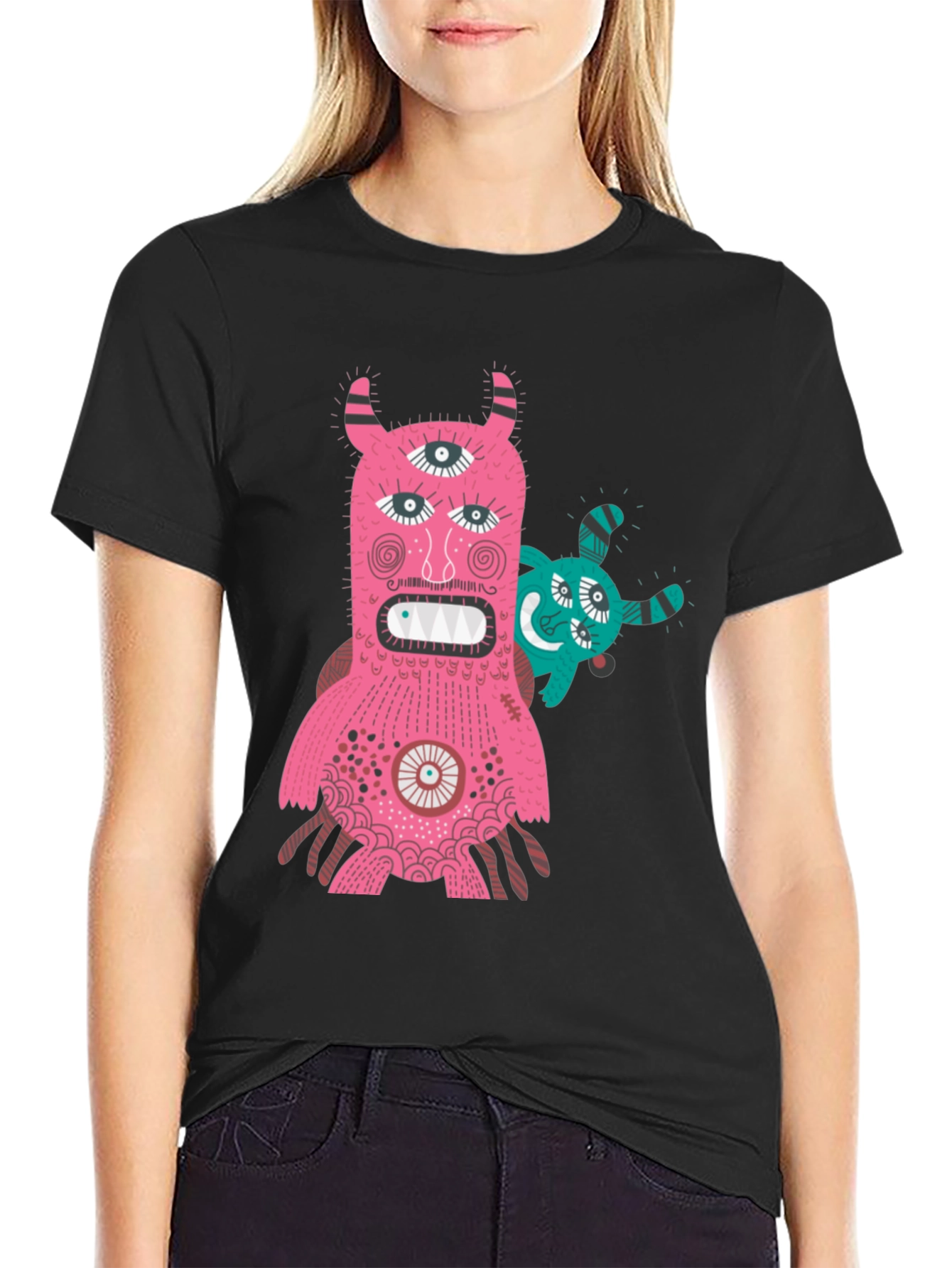 Black Monster Graphic Tee - Black T-Shirt with Fun Creature Design view 2