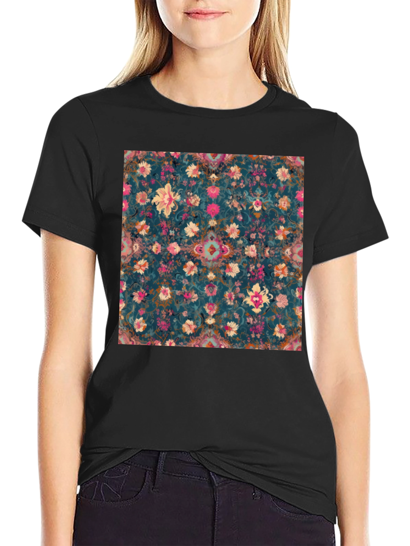 Black Floral Pattern Black T-Shirt view 2