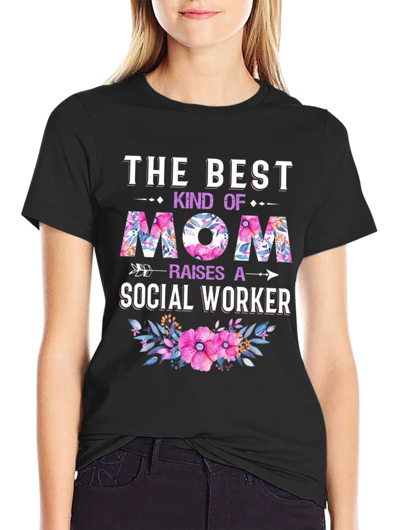 Black Best Mom Social Worker Floral T-Shirt view 2