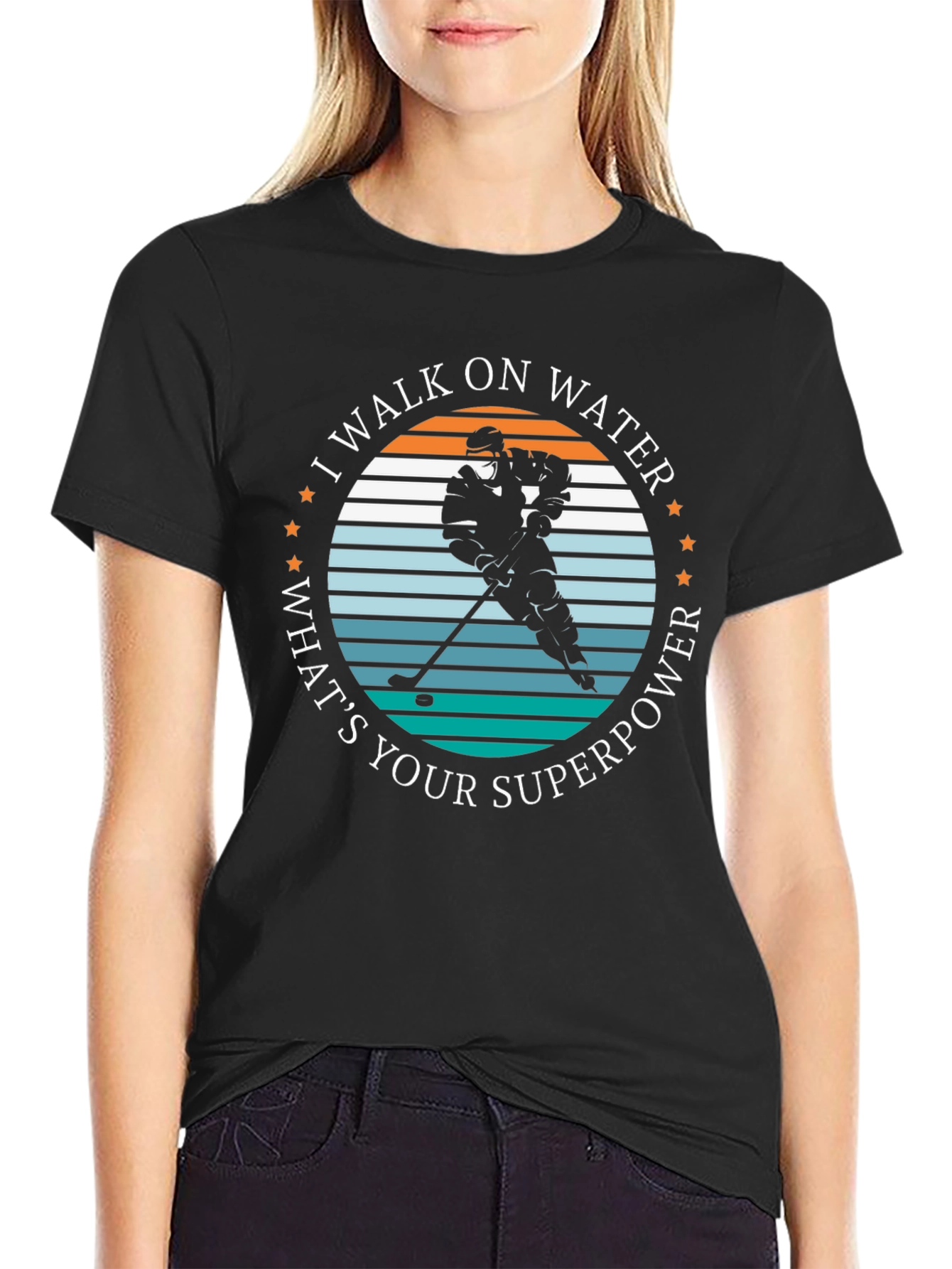 Black I Walk on Water Hockey Player Graphic T-Shirt view 2