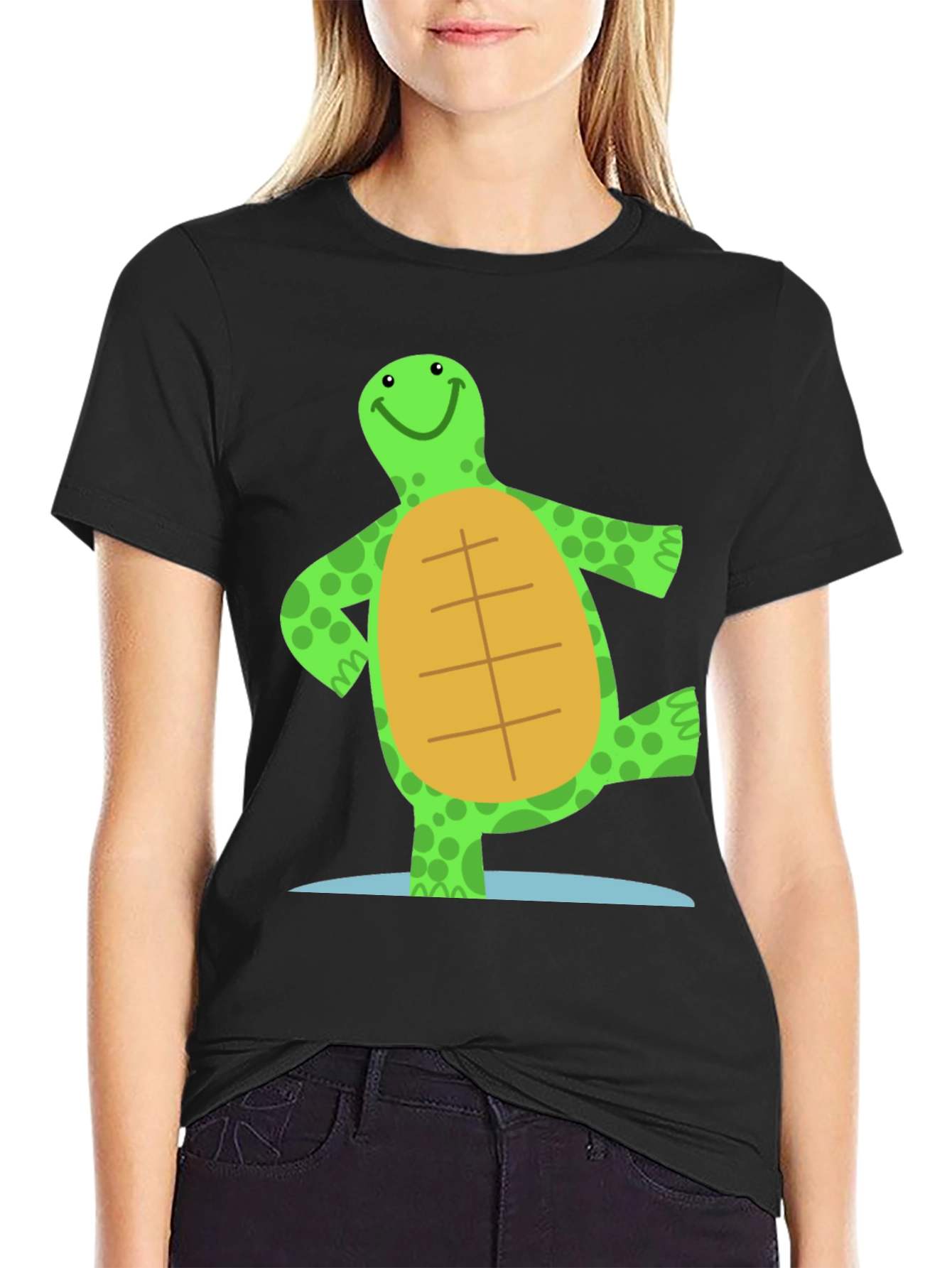 Black Cheerful Turtle Graphic Tee - Black Cotton Blend view 2