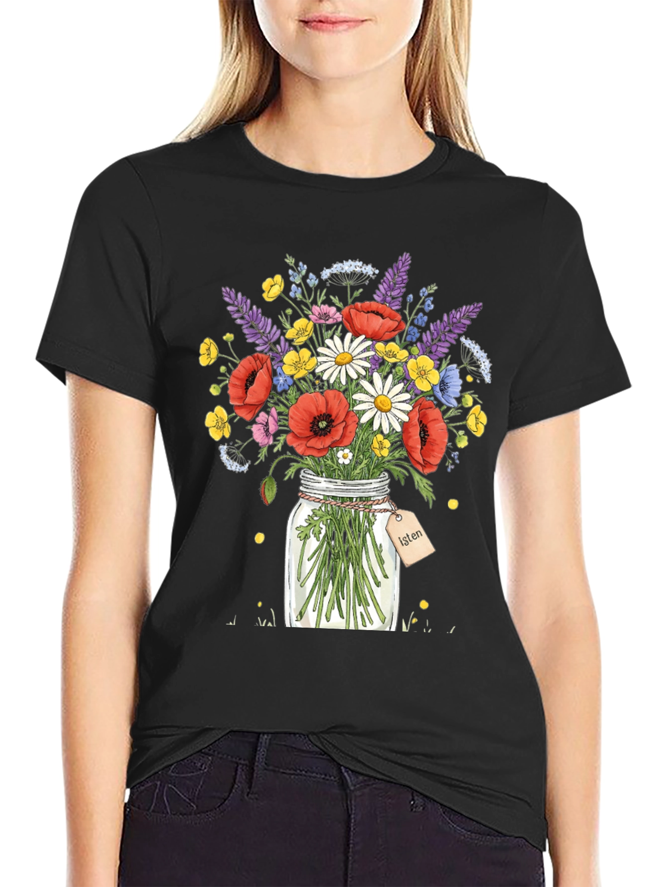 Black Floral Bouquet Jar Graphic T-Shirt view 2