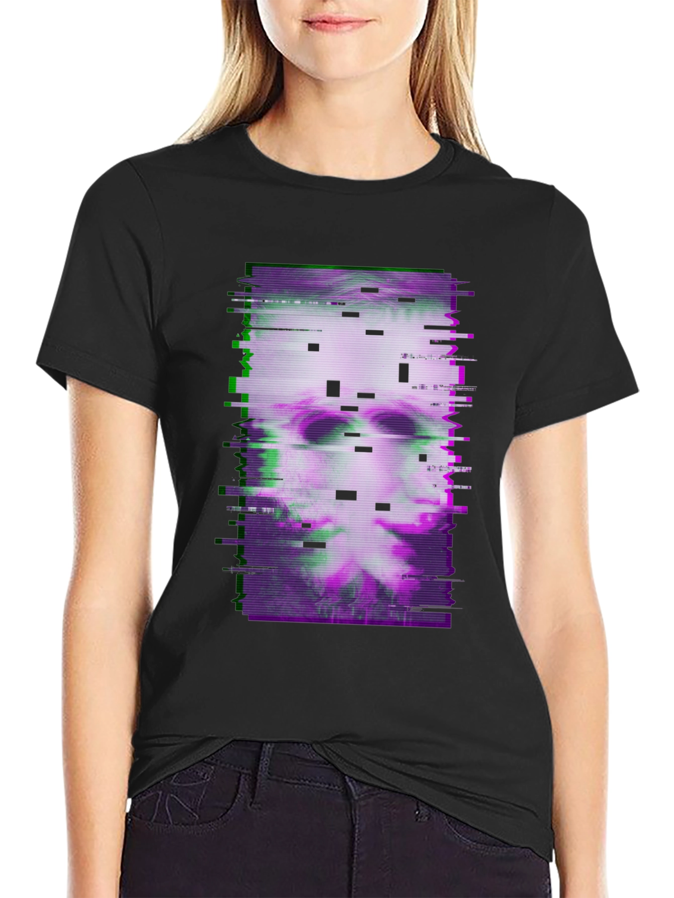 Black Glitch Art Graphic Tee - Dark Aesthetic T-Shirt view 2