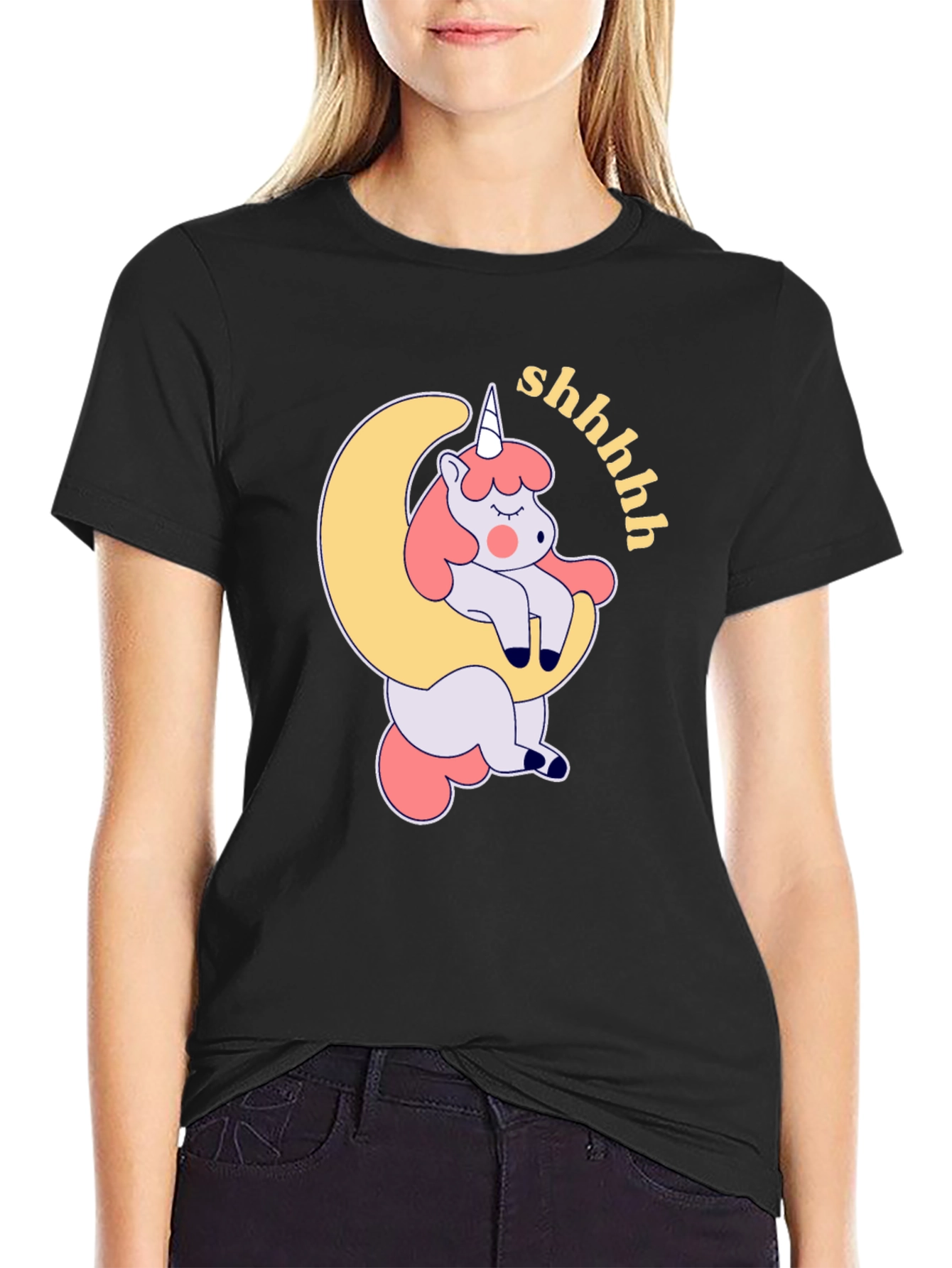 Black Sleepy Unicorn Moon Graphic T-Shirt view 2