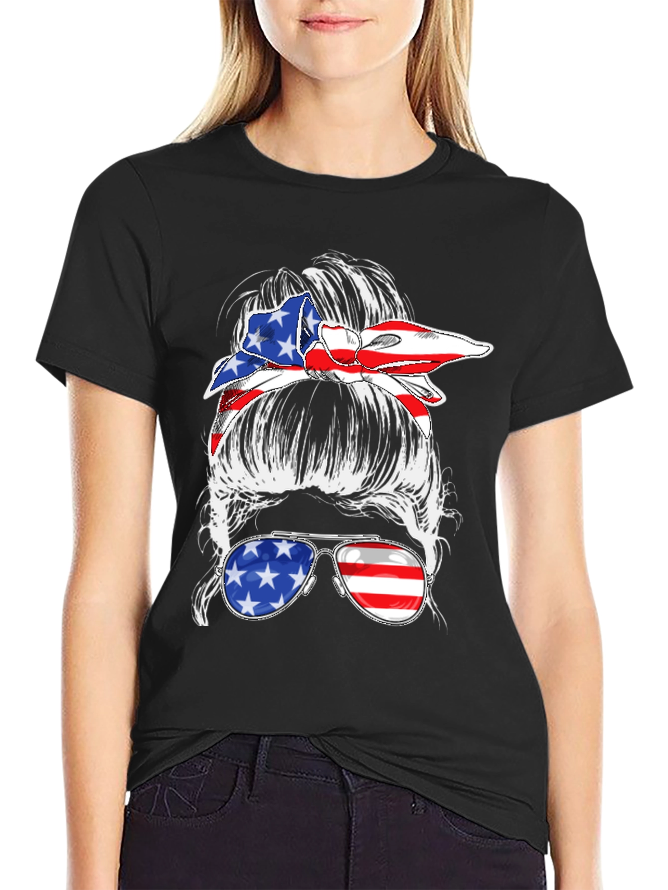 Black Messy Bun American Flag T-Shirt view 2