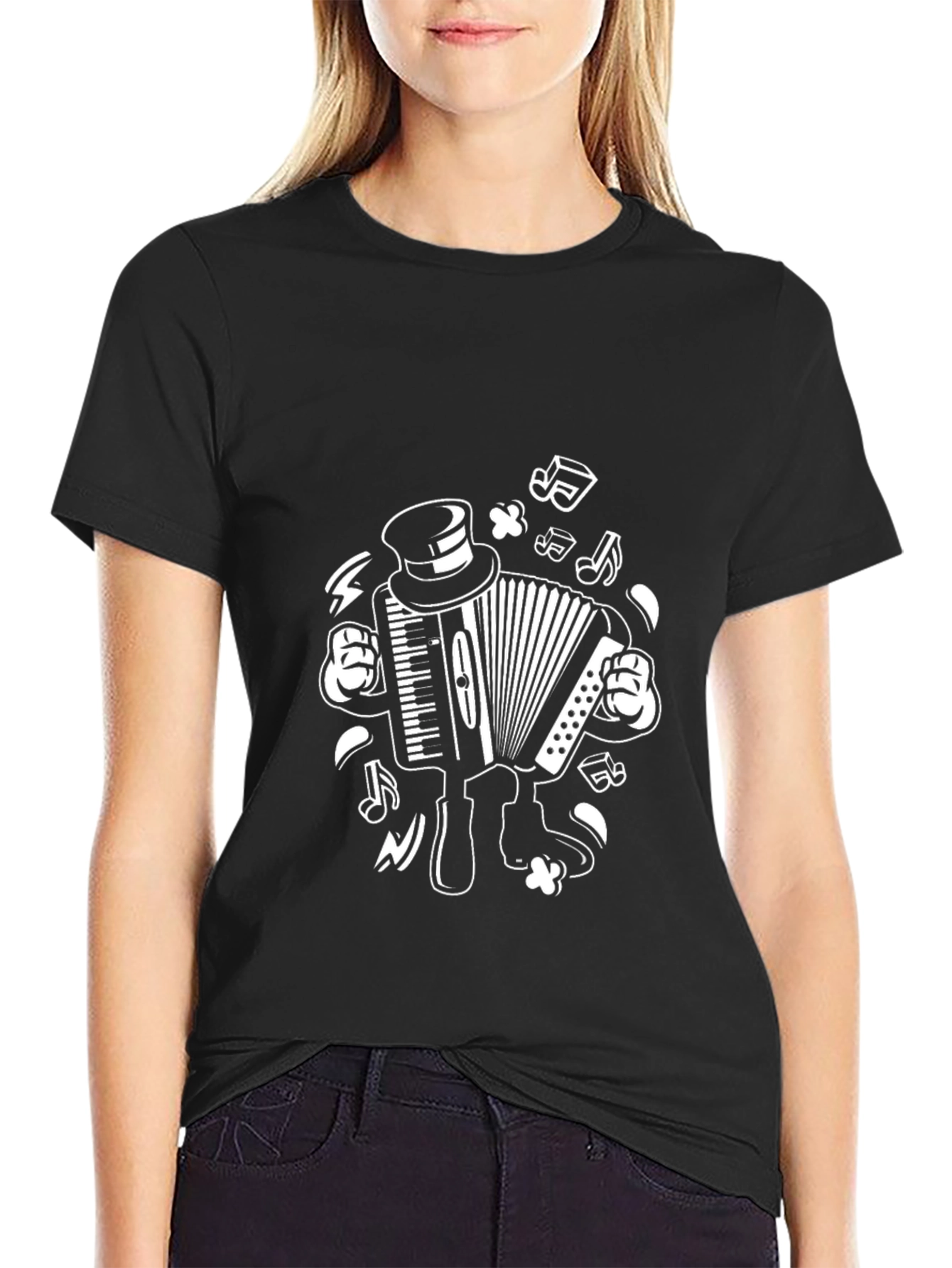 Black Accordion Cartoon Graphic Tee - Black Cotton T-Shirt view 2