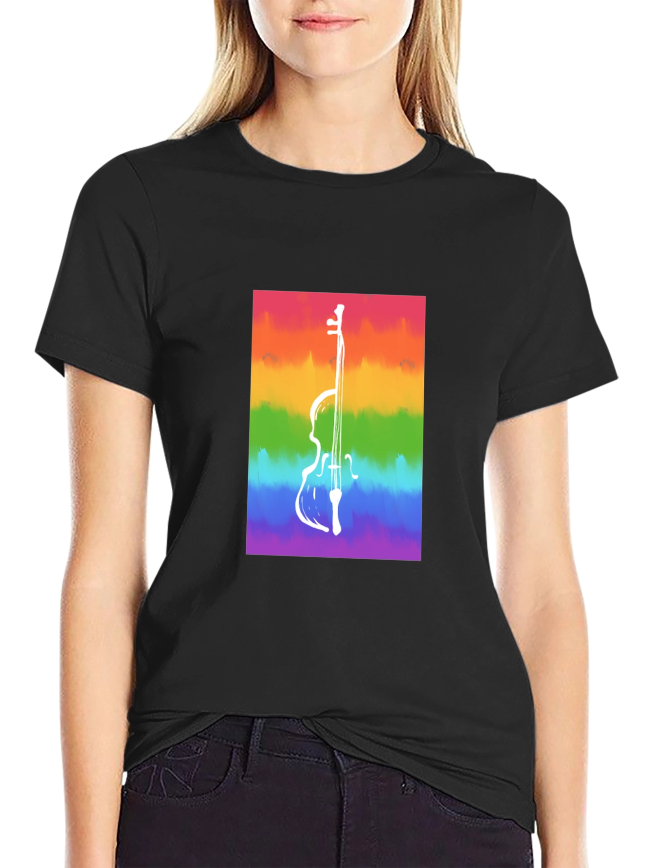 Black Rainbow Cello Graphic Tee - Black Cotton Casual Shirt view 2