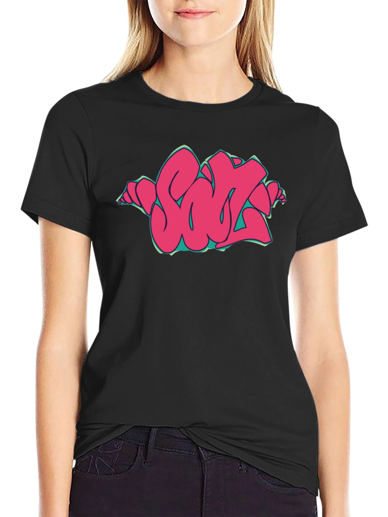 Black Graffiti Style Pink Graphic Print Black T-Shirt view 2