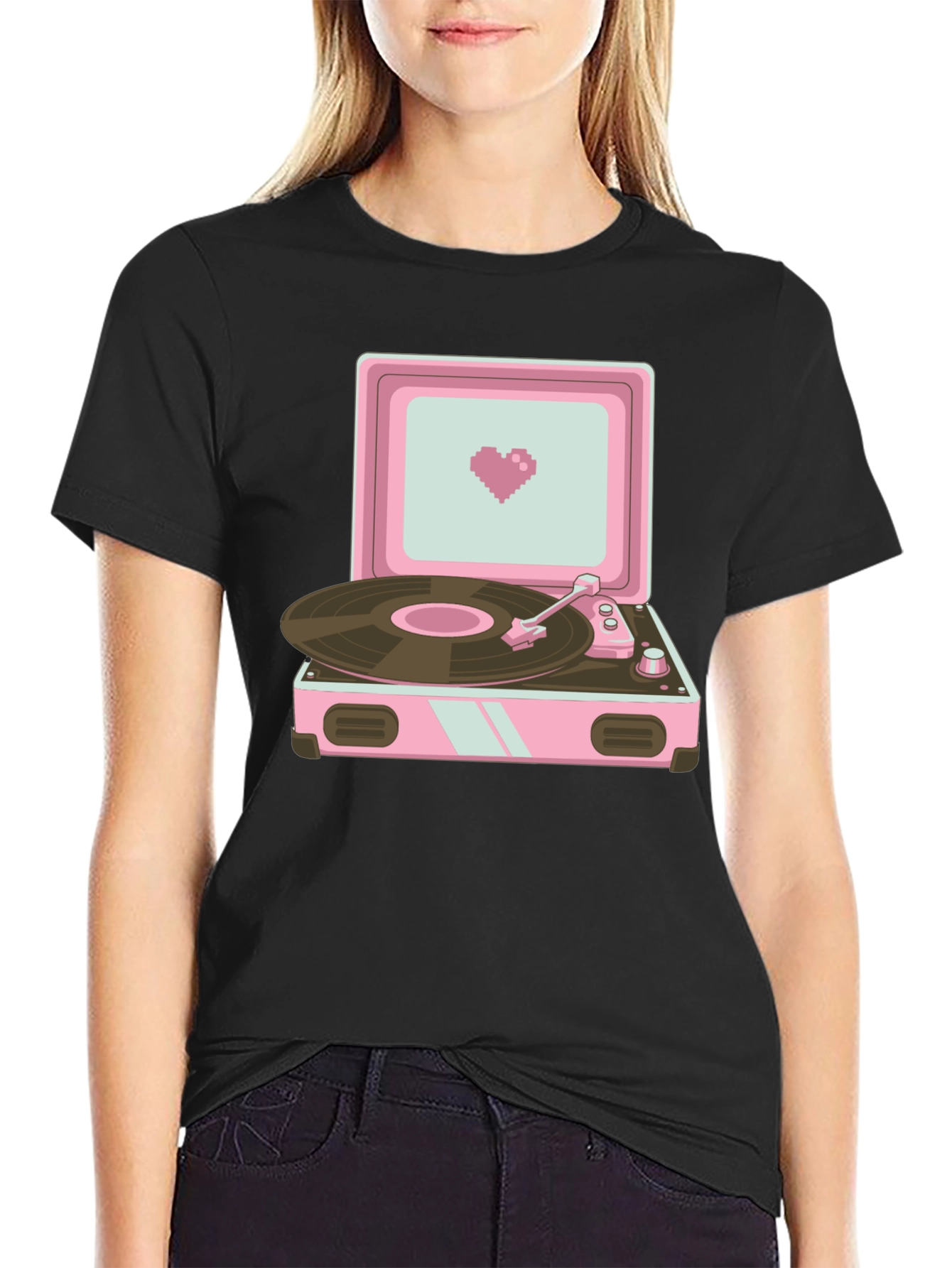 Black Retro Record Player Graphic T-Shirt view 2