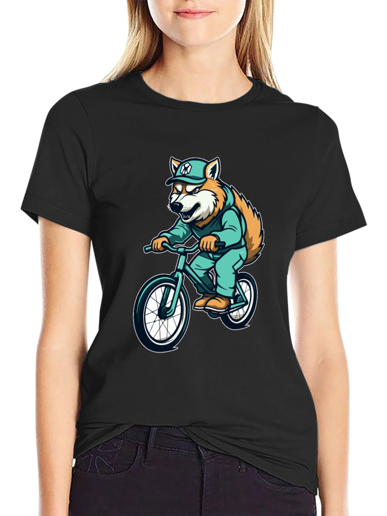 Black Cool Fox Biker Graphic Tee - Trendy Style view 2