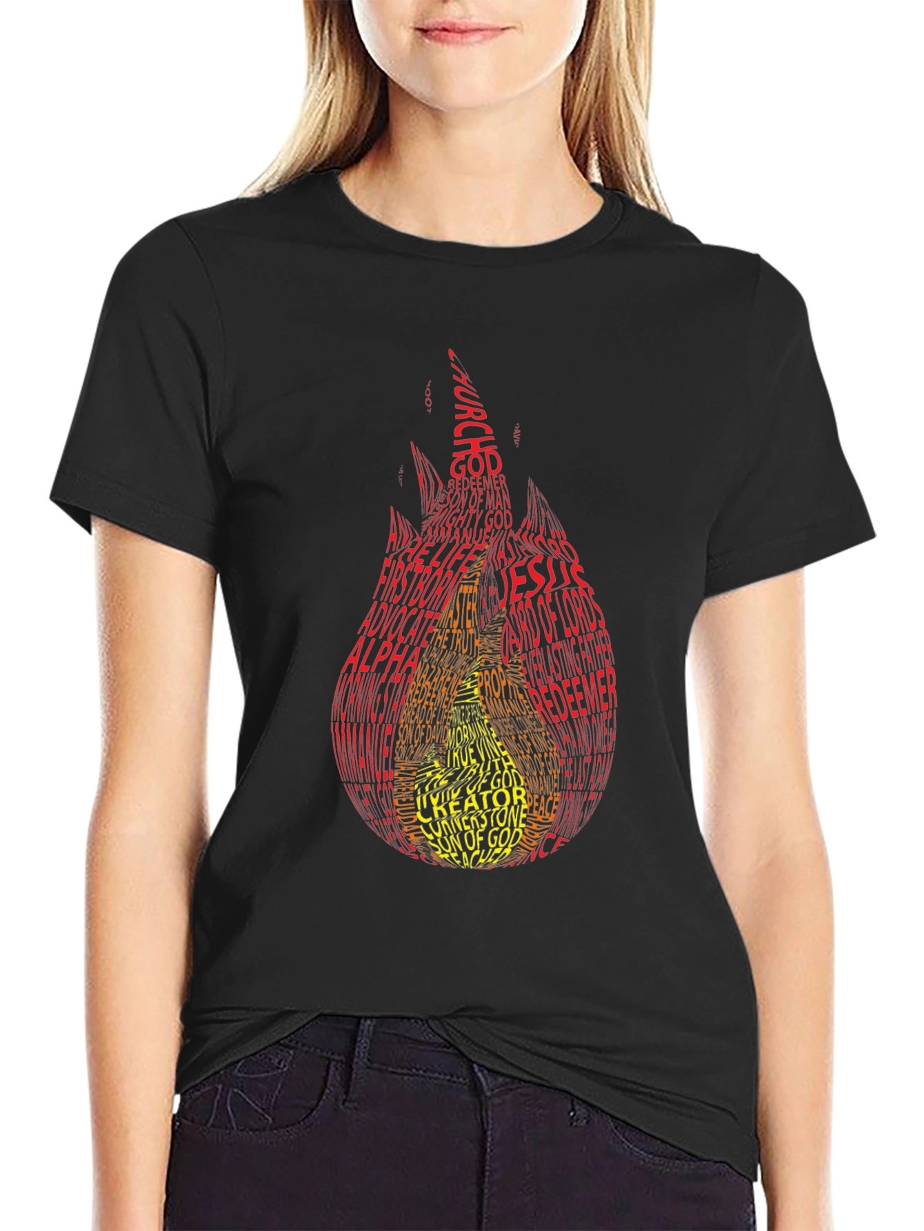 Black Flame Word Art T-Shirt - Religious Design view 2