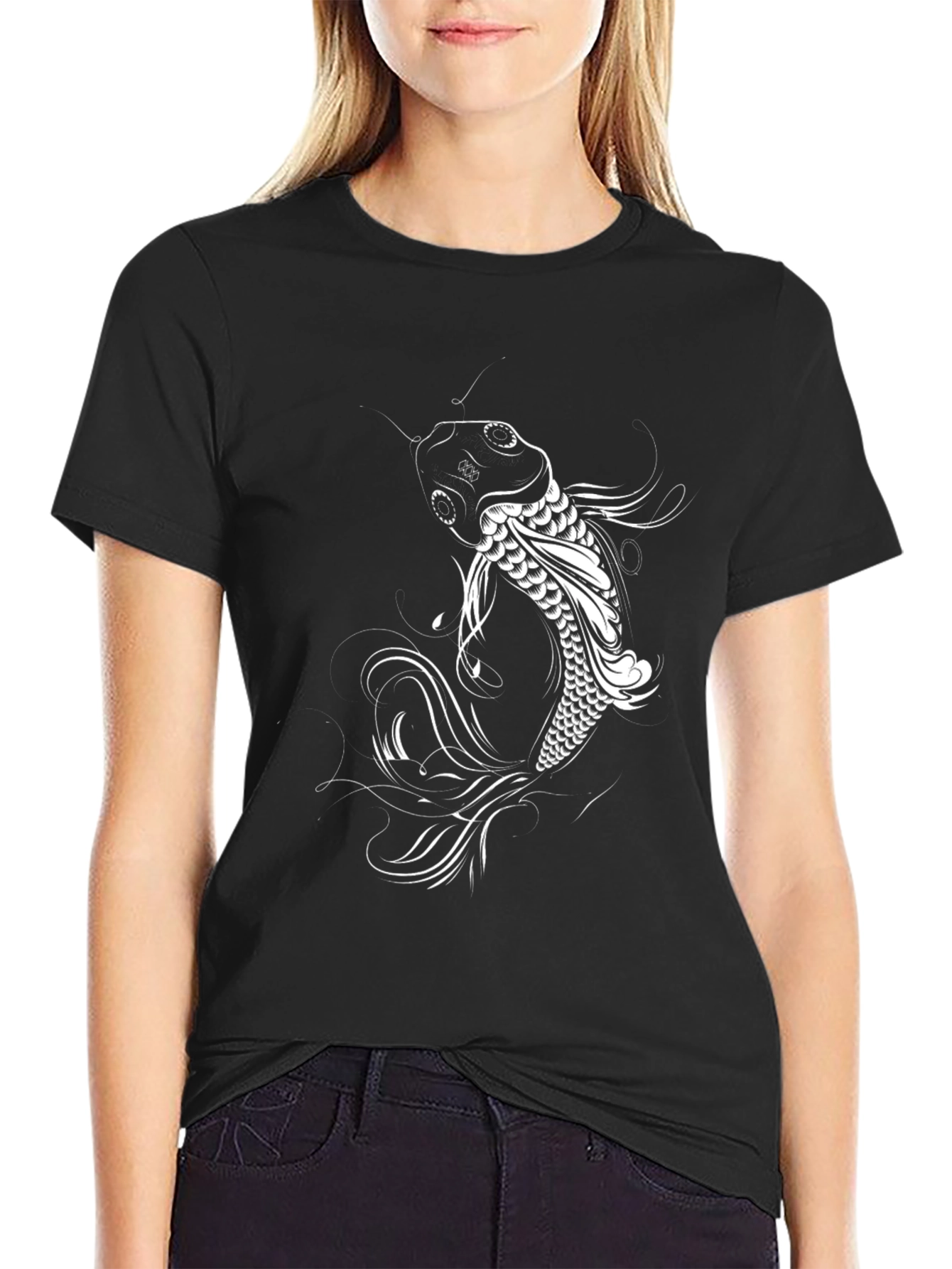 Black Koi Fish Graphic Tee - Stylish Black Cotton T-Shirt view 2