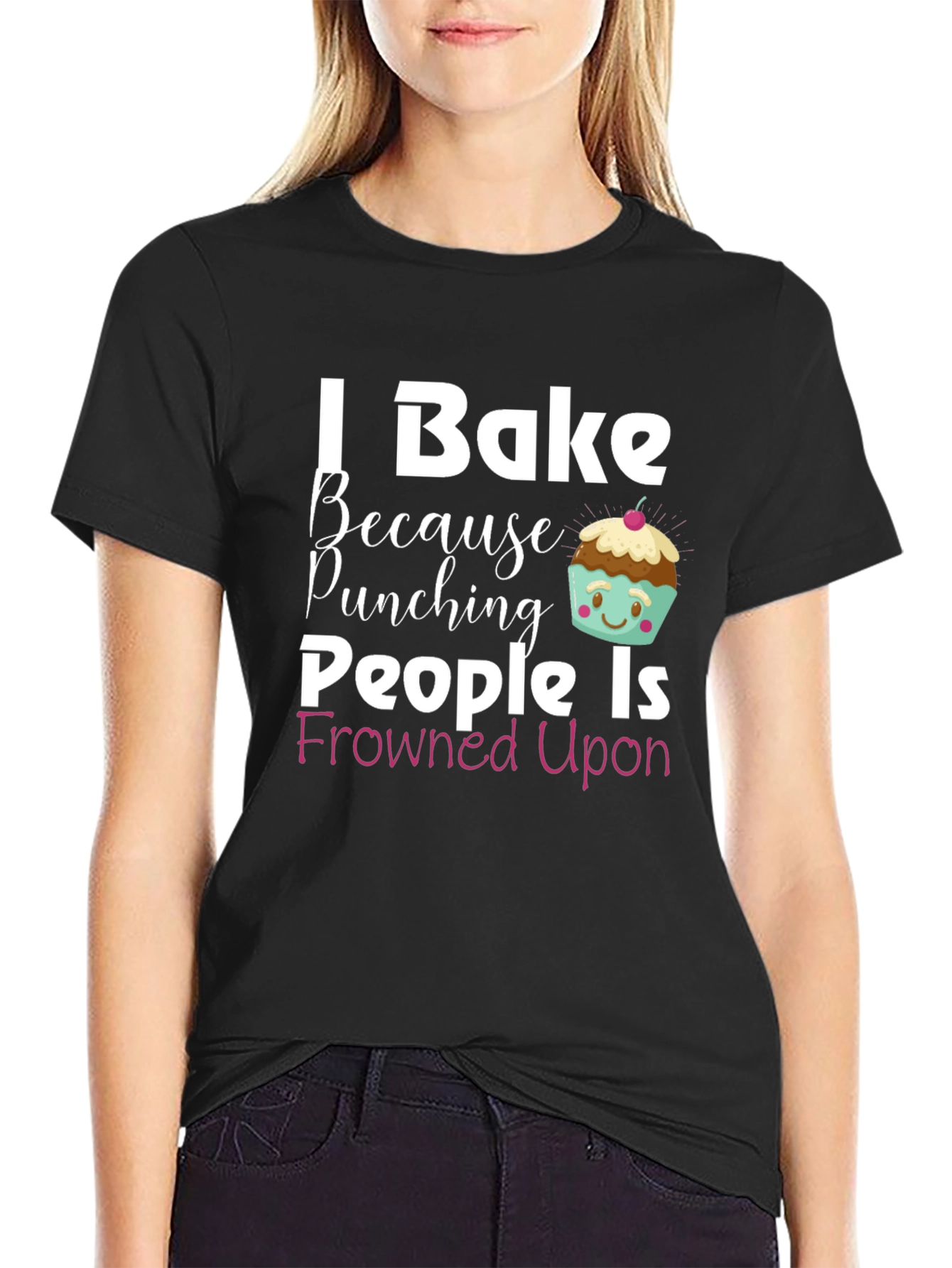 Black I Bake Because Punching People Is Frowned Upon T-Shirt view 2