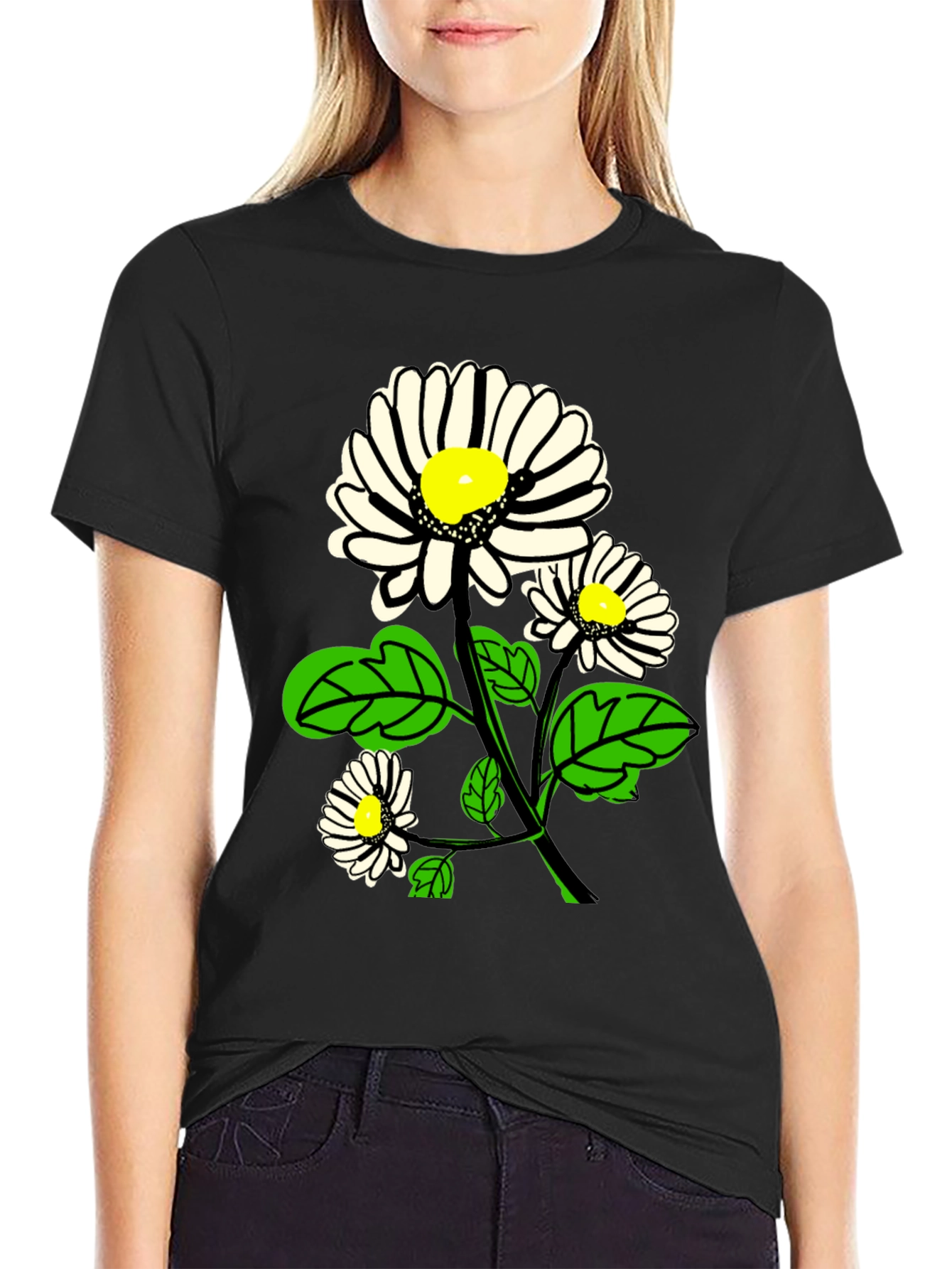 Black Daisy Graphic Print Black T-Shirt view 2