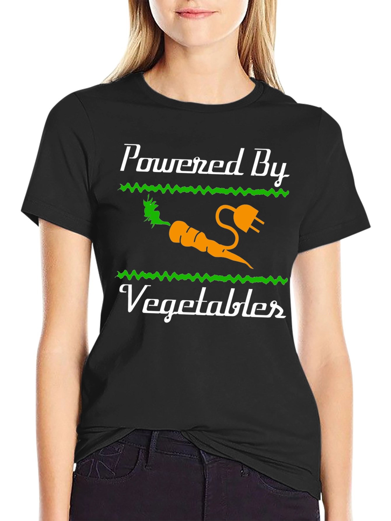 Black Powered By Vegetables Graphic T-Shirt - Healthy Eating Tee view 2