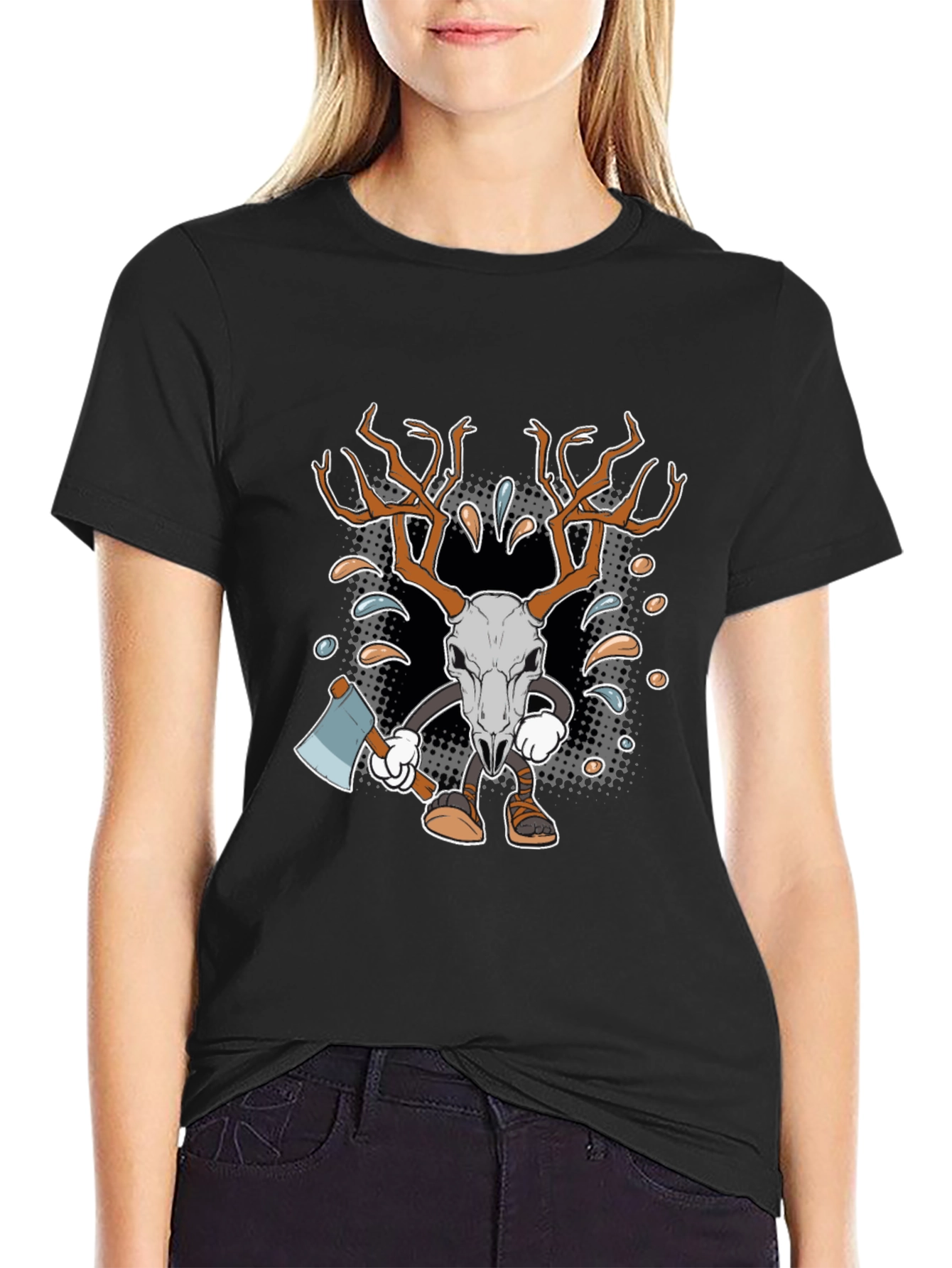Black Cartoon Deer Skull Axe T-Shirt view 2