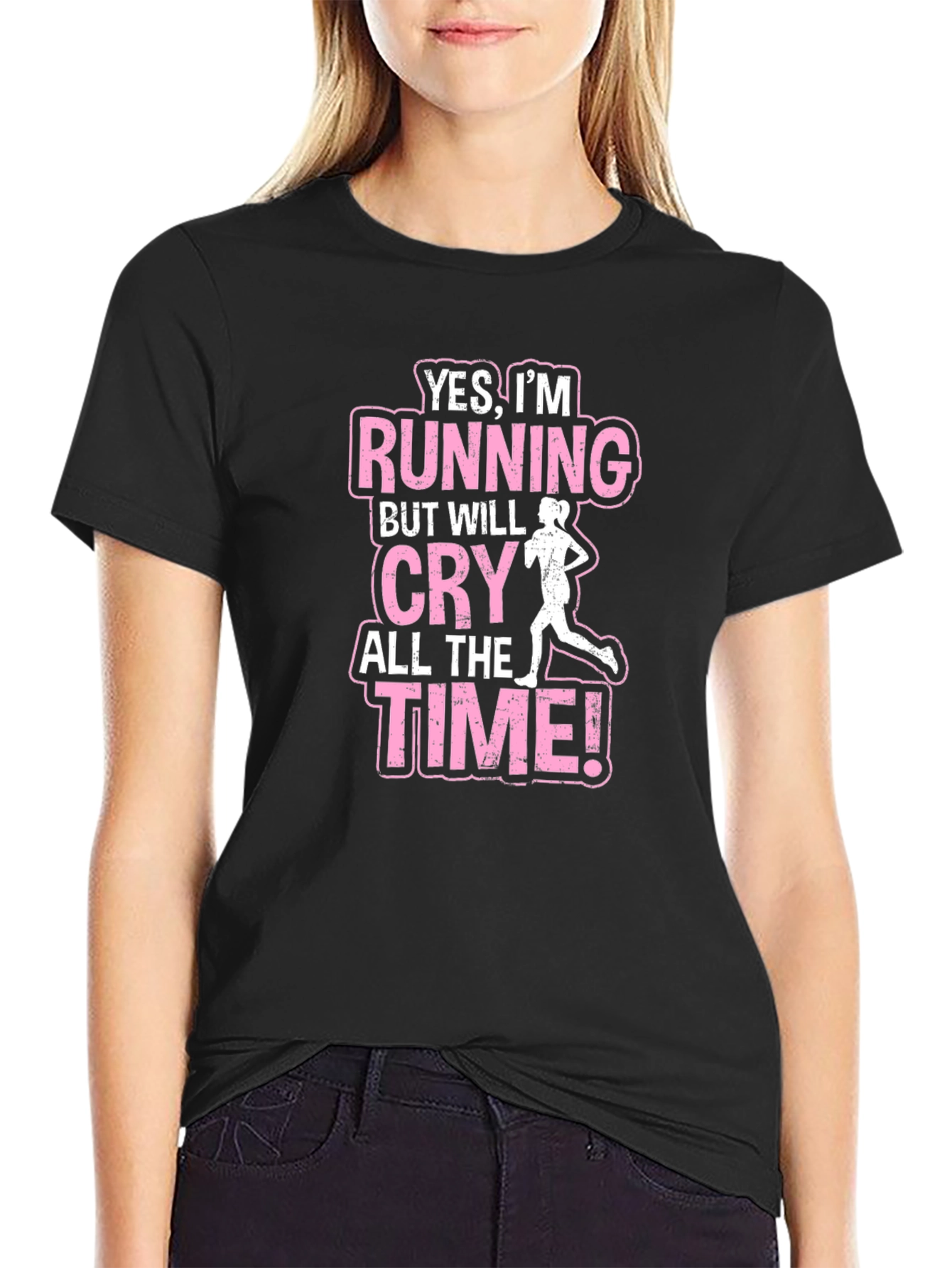 Black Funny Running T-Shirt - Yes, I'm Running But I Will Cry All The Time view 2