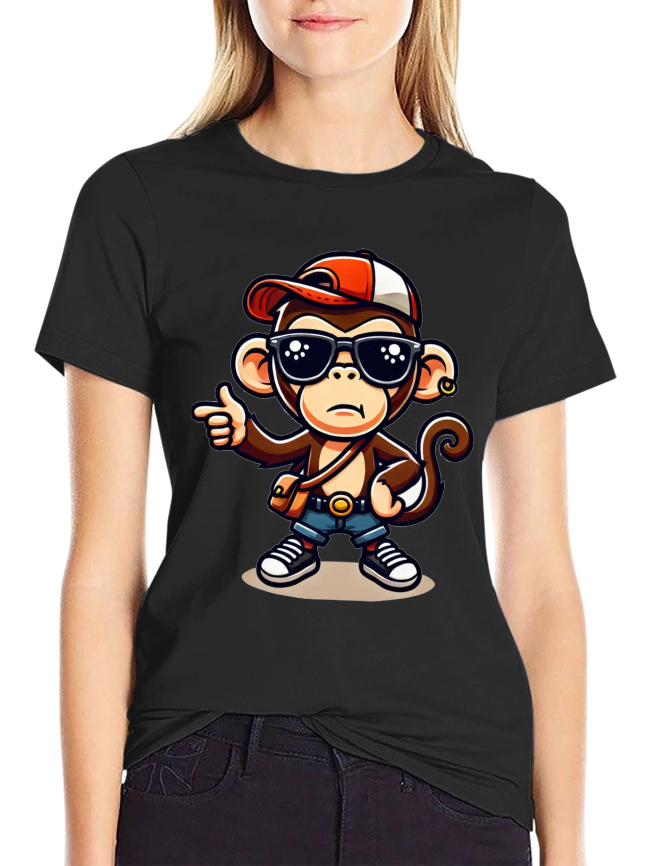 Black Cool Monkey Cartoon Graphic T-Shirt view 2