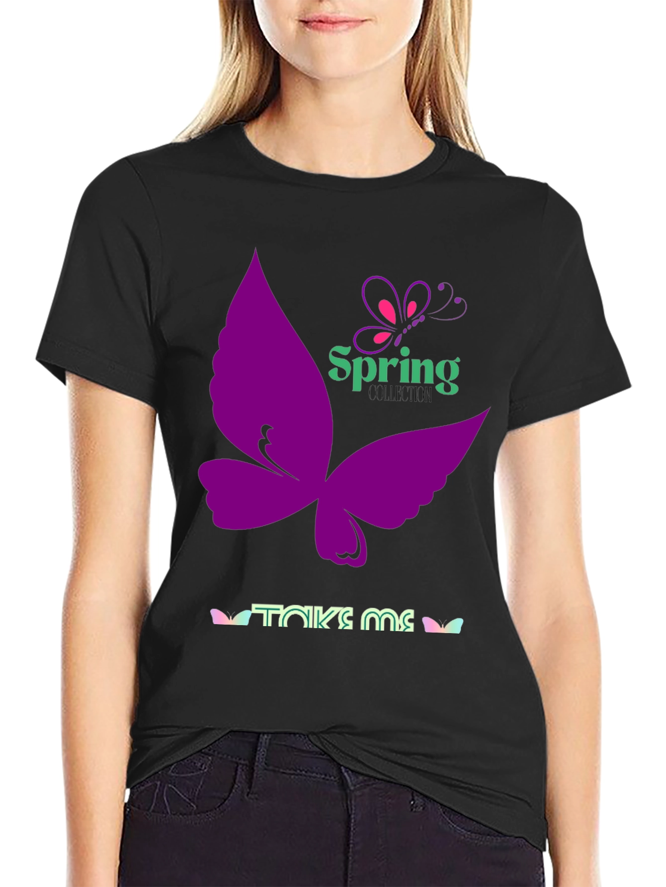 Black Spring Butterfly Black T-Shirt view 2