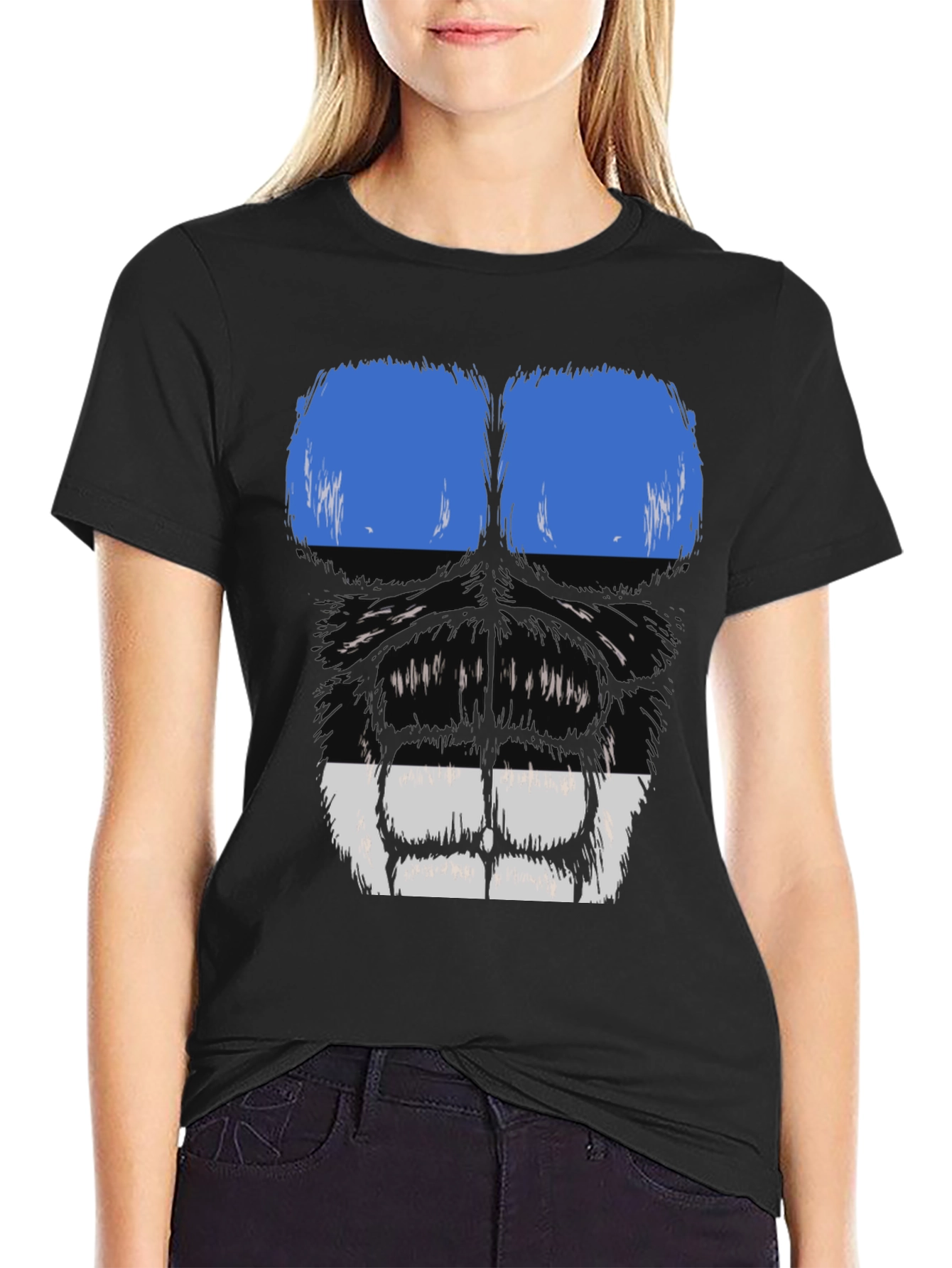 Black Gorilla Face Graphic T-Shirt - Blue & White view 2