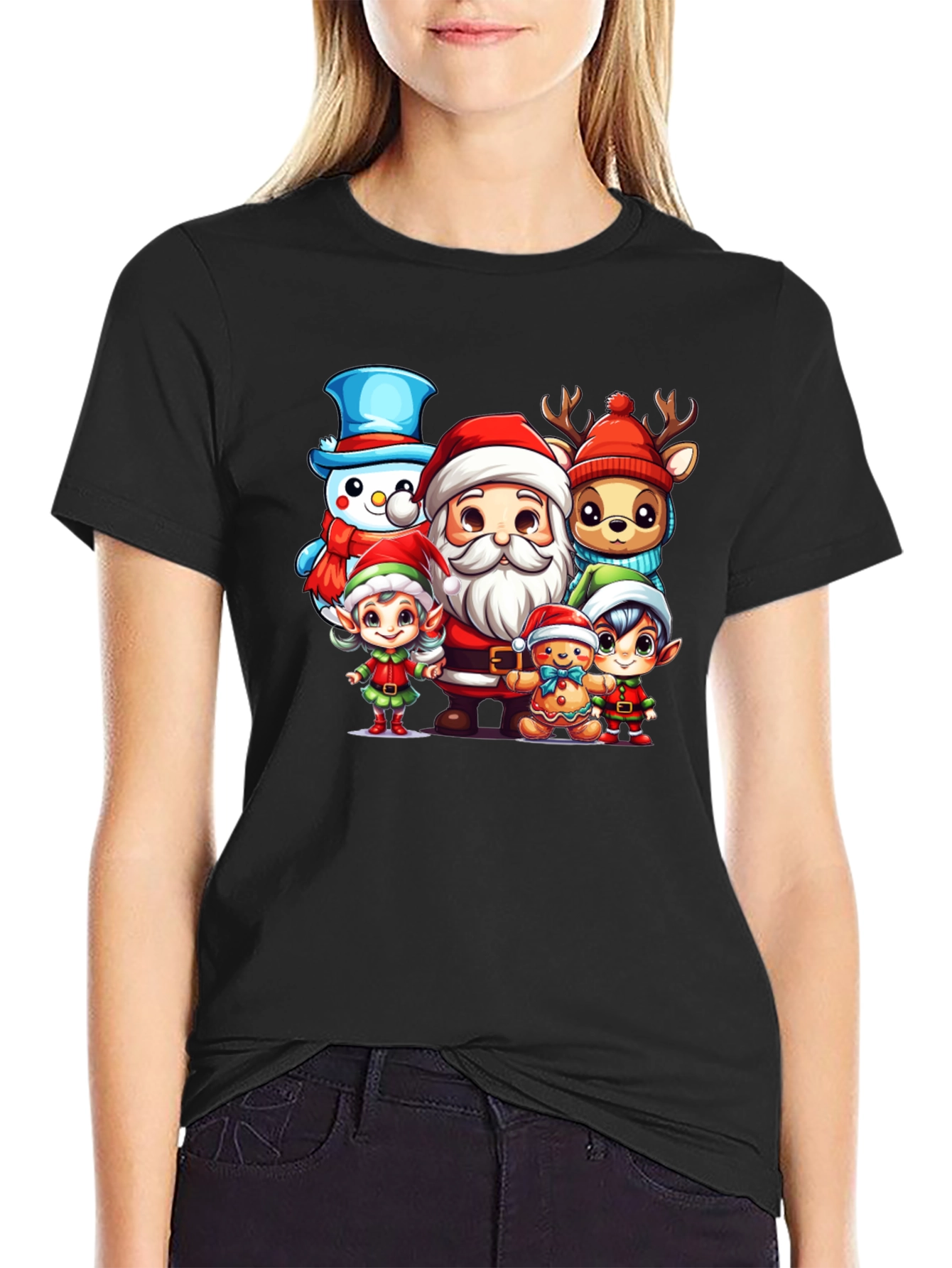 Black Festive Christmas Cartoon Crew Black T-Shirt view 2