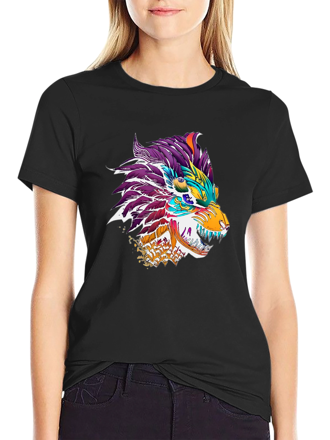 Black Colorful Dragon Wolf Graphic Tee - Black view 2