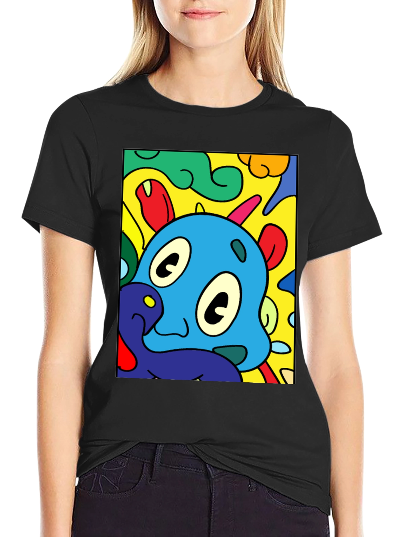 Black Cartoon Character Graphic Black T-Shirt view 2