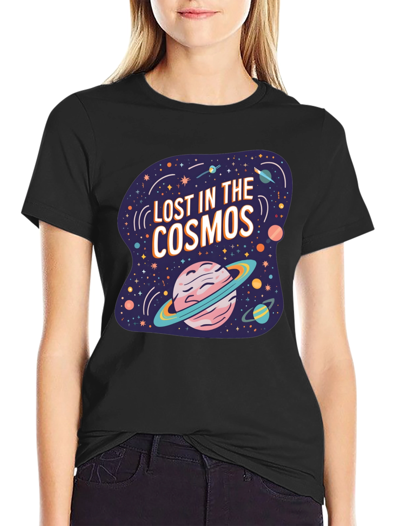 Black Lost in the Cosmos Graphic Tee - Black Cotton T-Shirt view 2