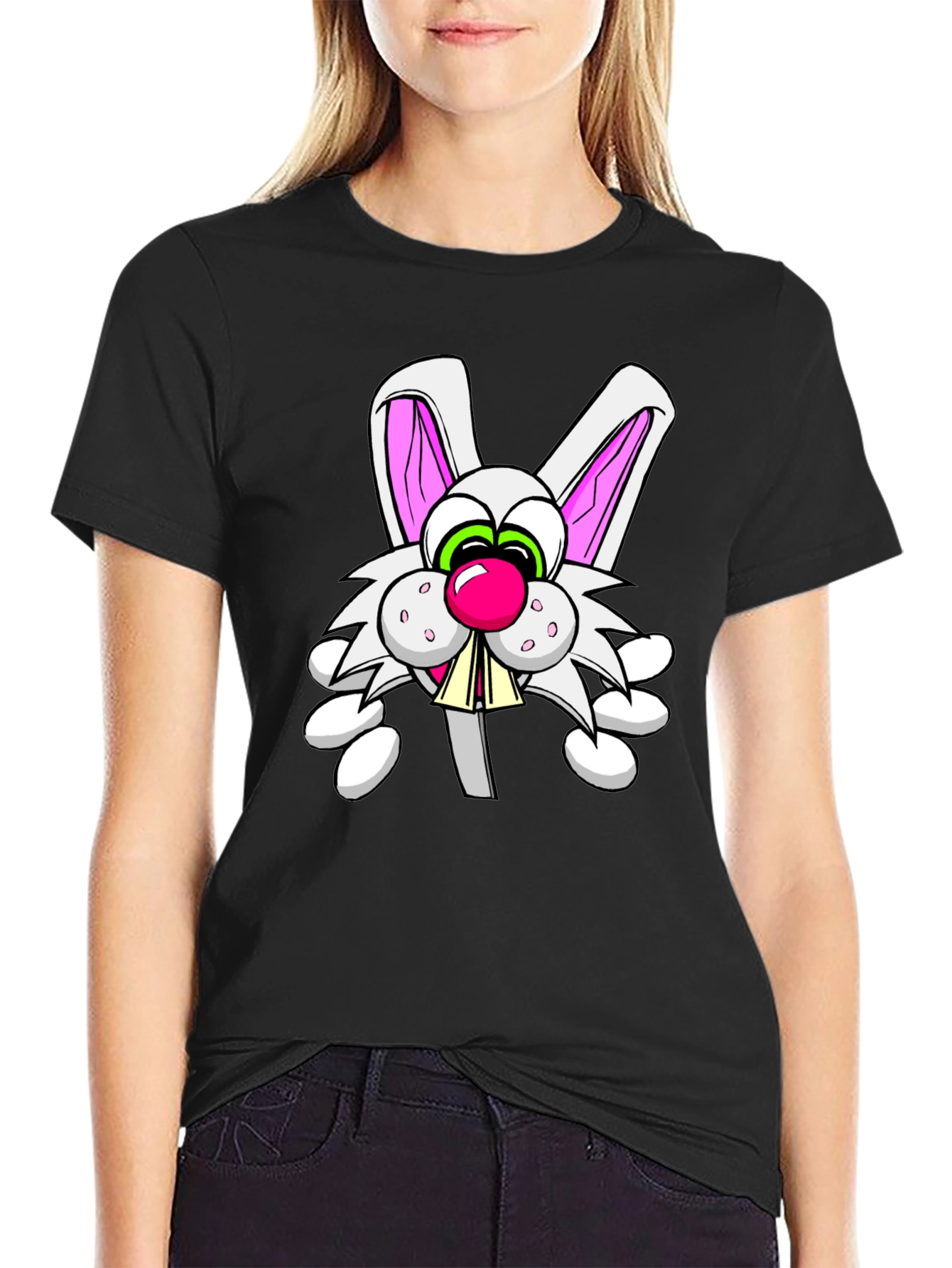 Black Cartoon Rabbit Graphic Tee - Funny Bunny T-Shirt view 2