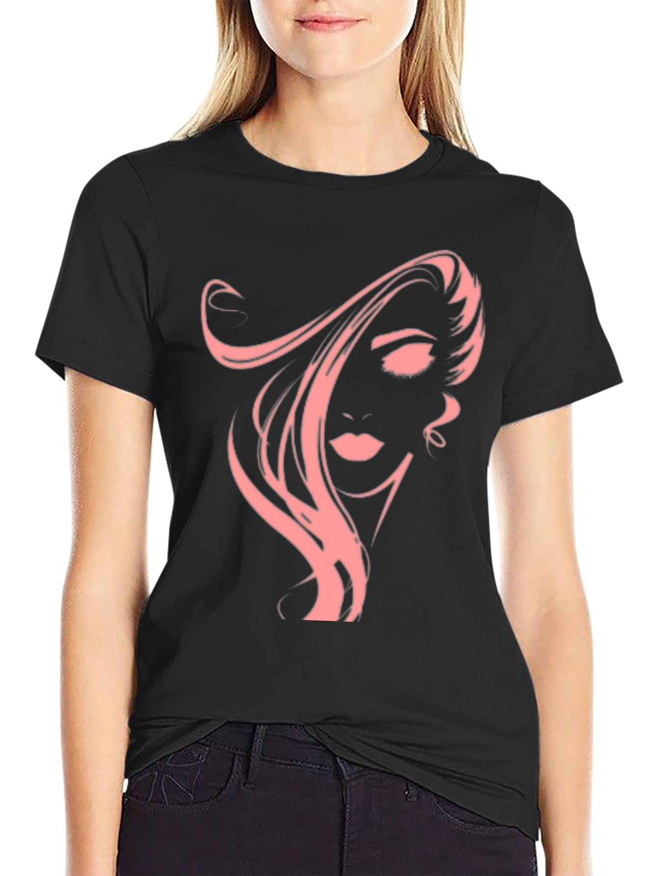 Black Stylish Black T-Shirt with Pink Woman Portrait Graphic view 2