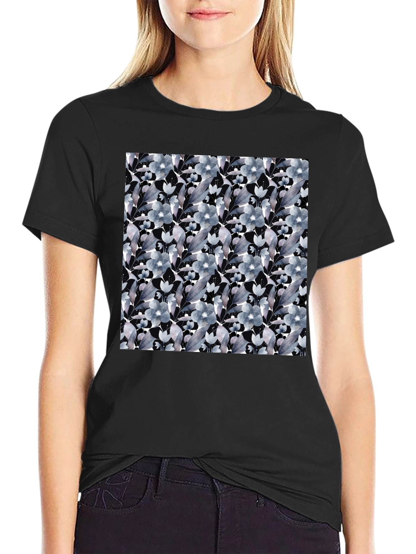 Black Floral Print Black T-Shirt - Unique Fashion view 2