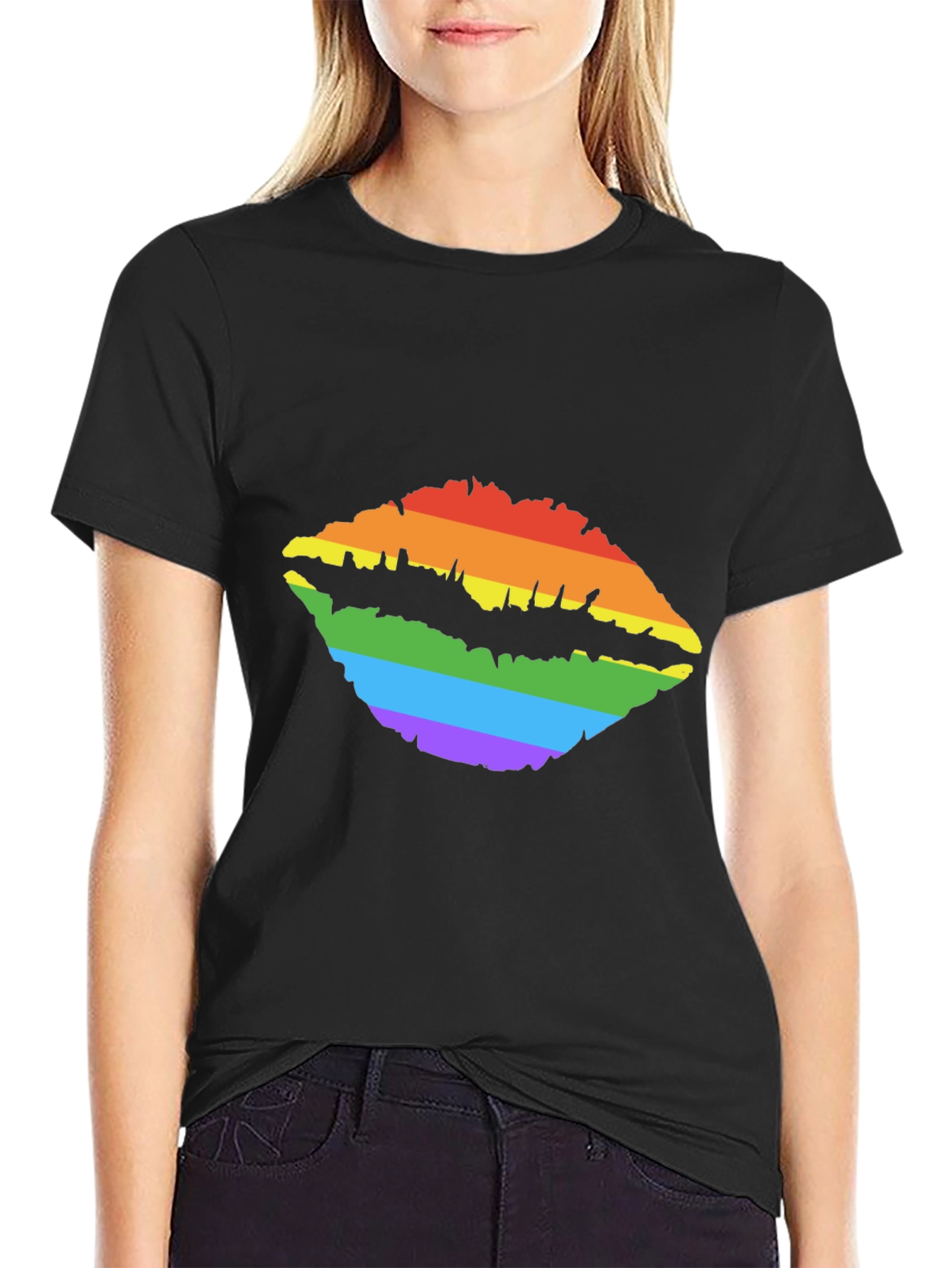 Black Rainbow Lips Print Tee - Stylish LGBTQ+ Pride T-Shirt view 2
