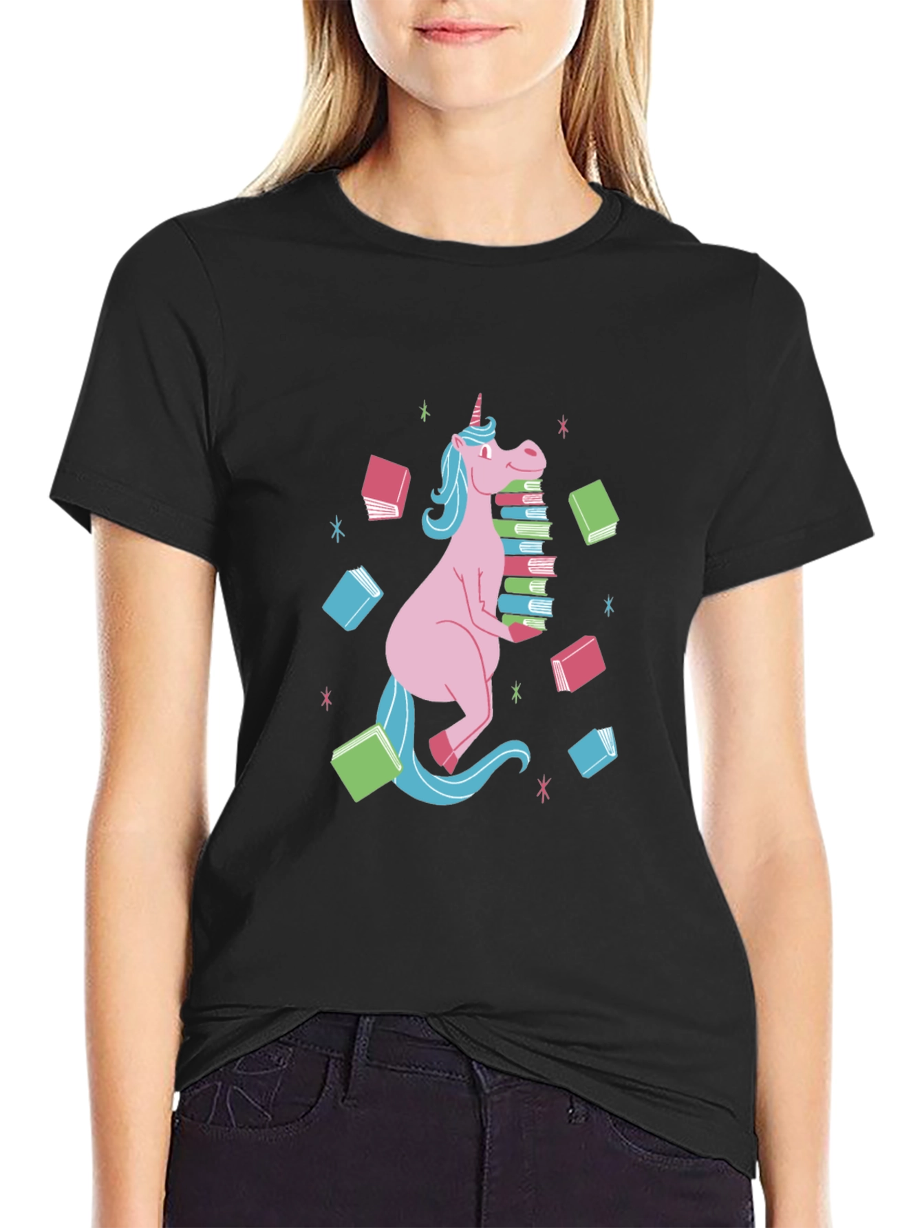 Black Unicorn Reading T-Shirt - Black, Cute Graphic Tee view 2