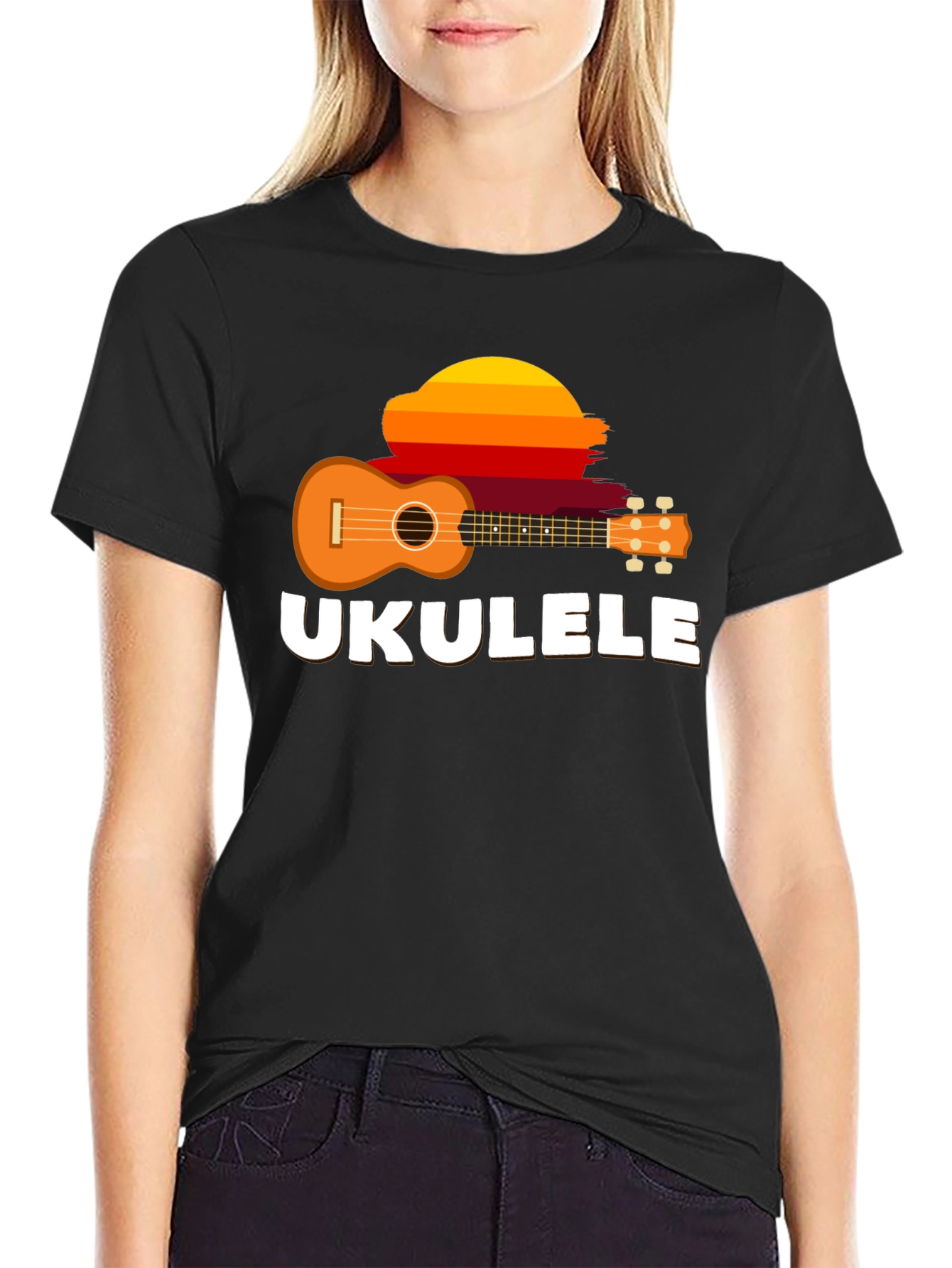 Black Ukulele Sunset Graphic Tee - Black Cotton T-Shirt view 2
