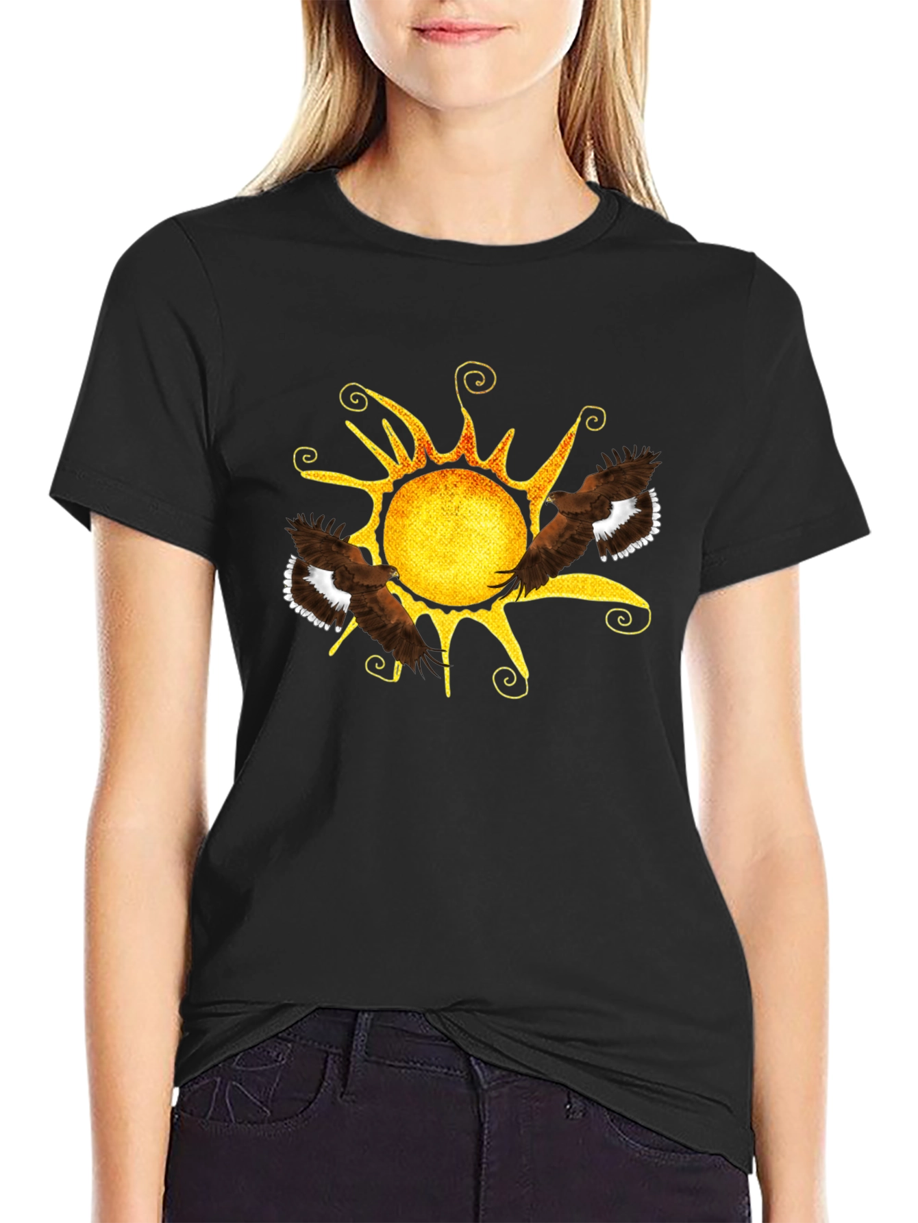 Black Black Tee with Sun & Eagle Design view 2