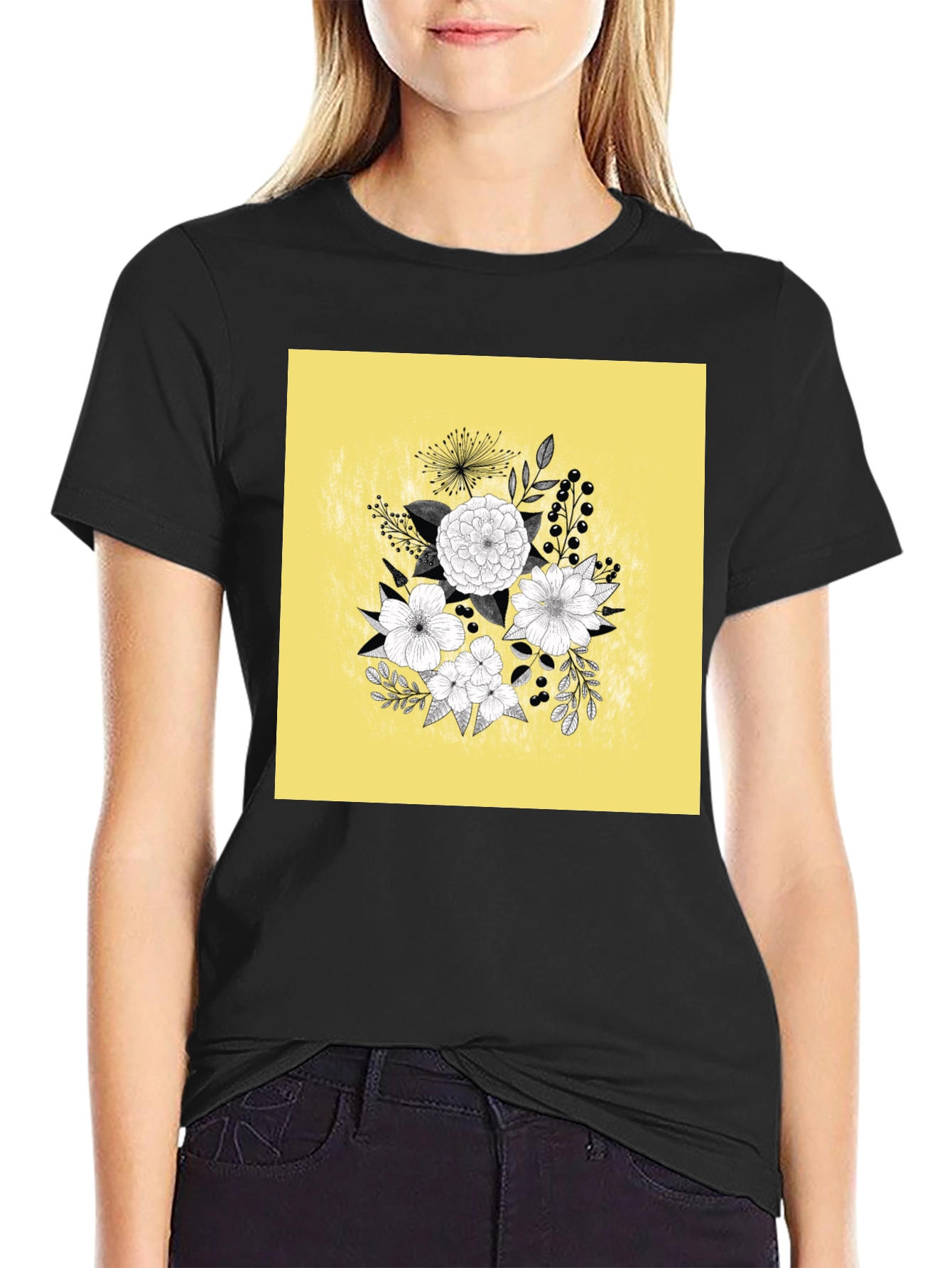 Black Floral Graphic Tee - Black Cotton T-Shirt view 2