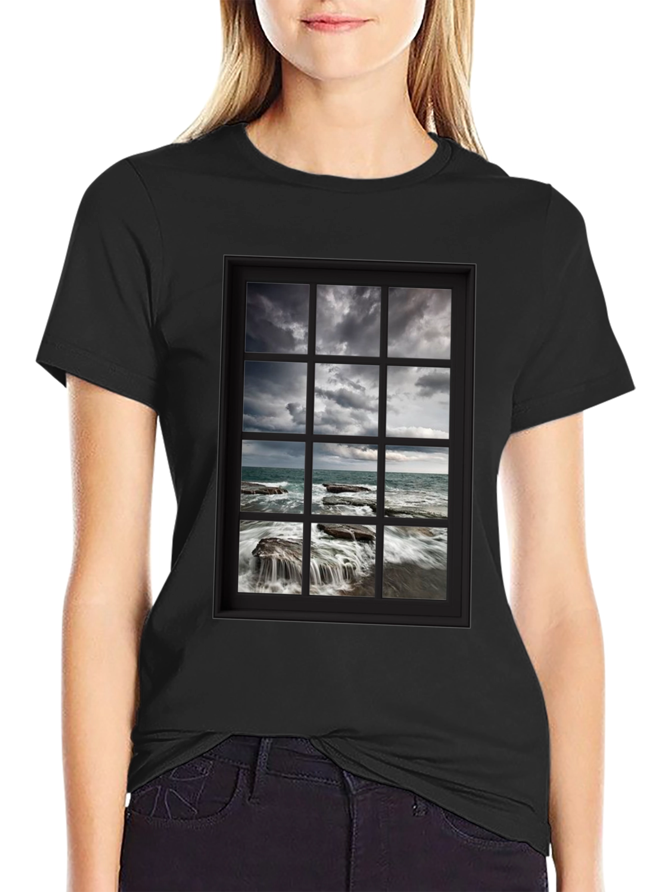 Black Ocean View Window T-Shirt view 2