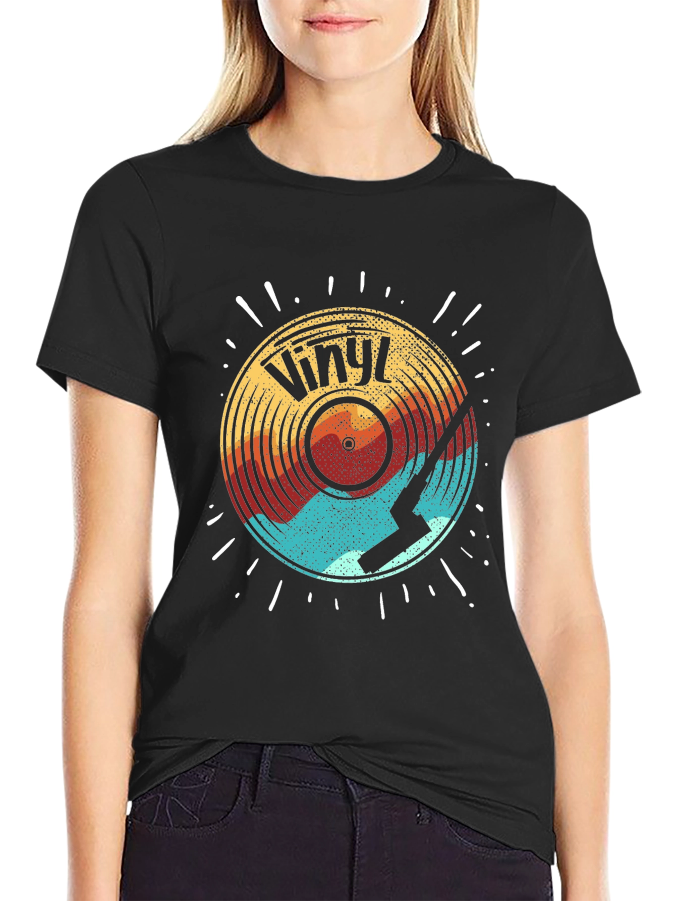 Black Retro Vinyl Record Graphic Tee - Black Cotton Comfort view 2