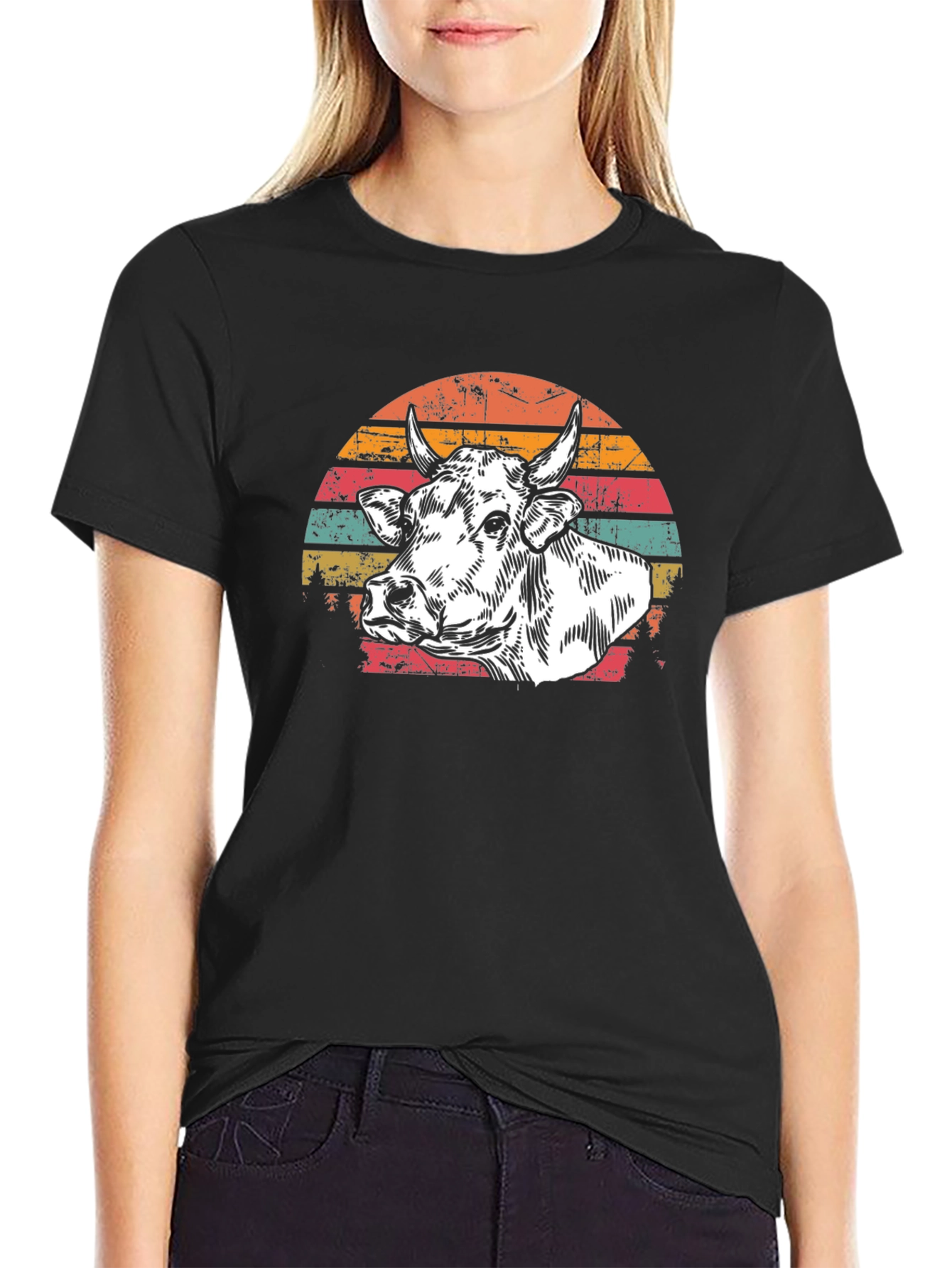 Black Vintage Cow Graphic Tee - Retro Sunset Design view 2