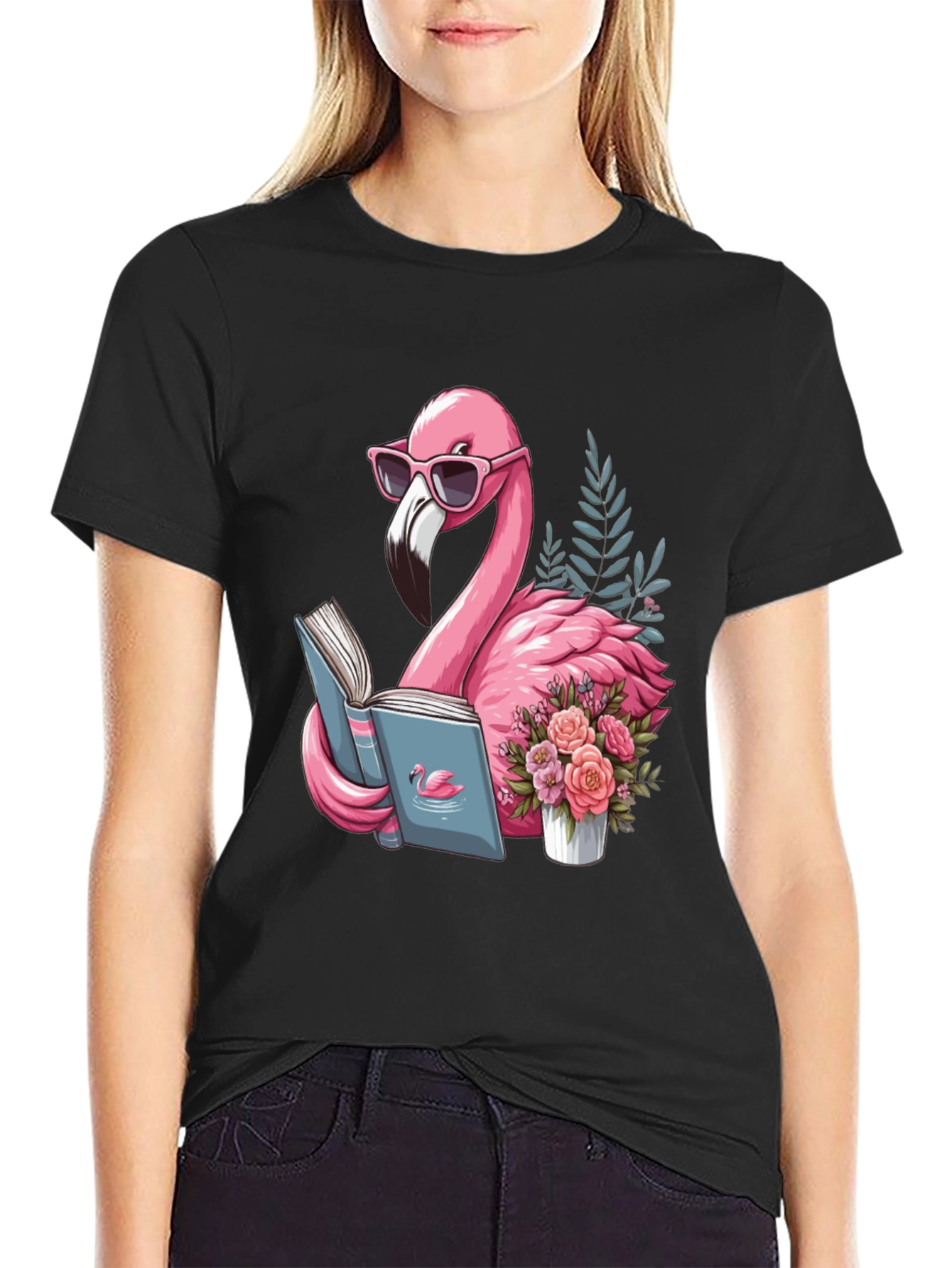 Black Flamingo Reading T-Shirt - Black Cotton Tee view 2