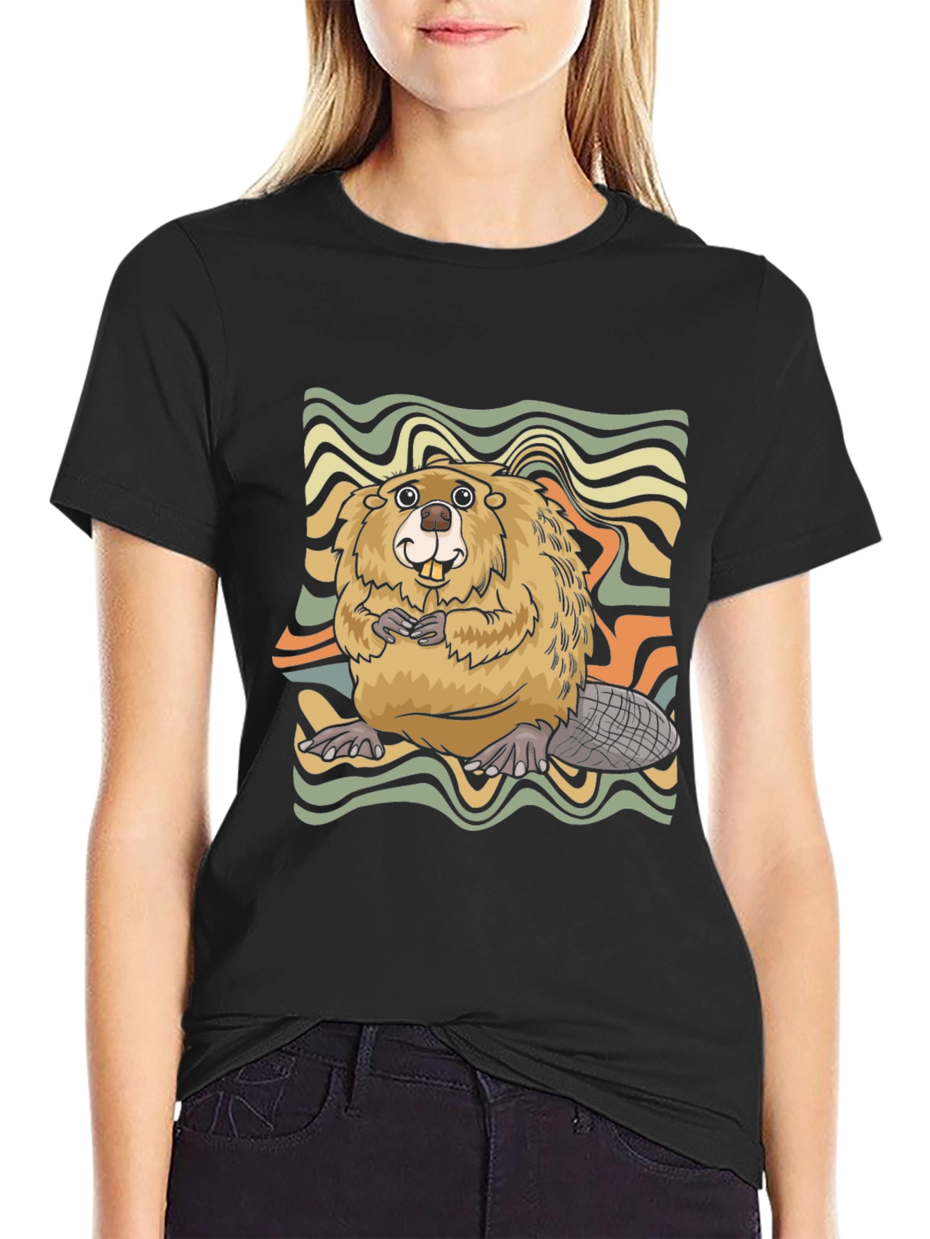Black Retro Beaver Graphic T-Shirt view 2