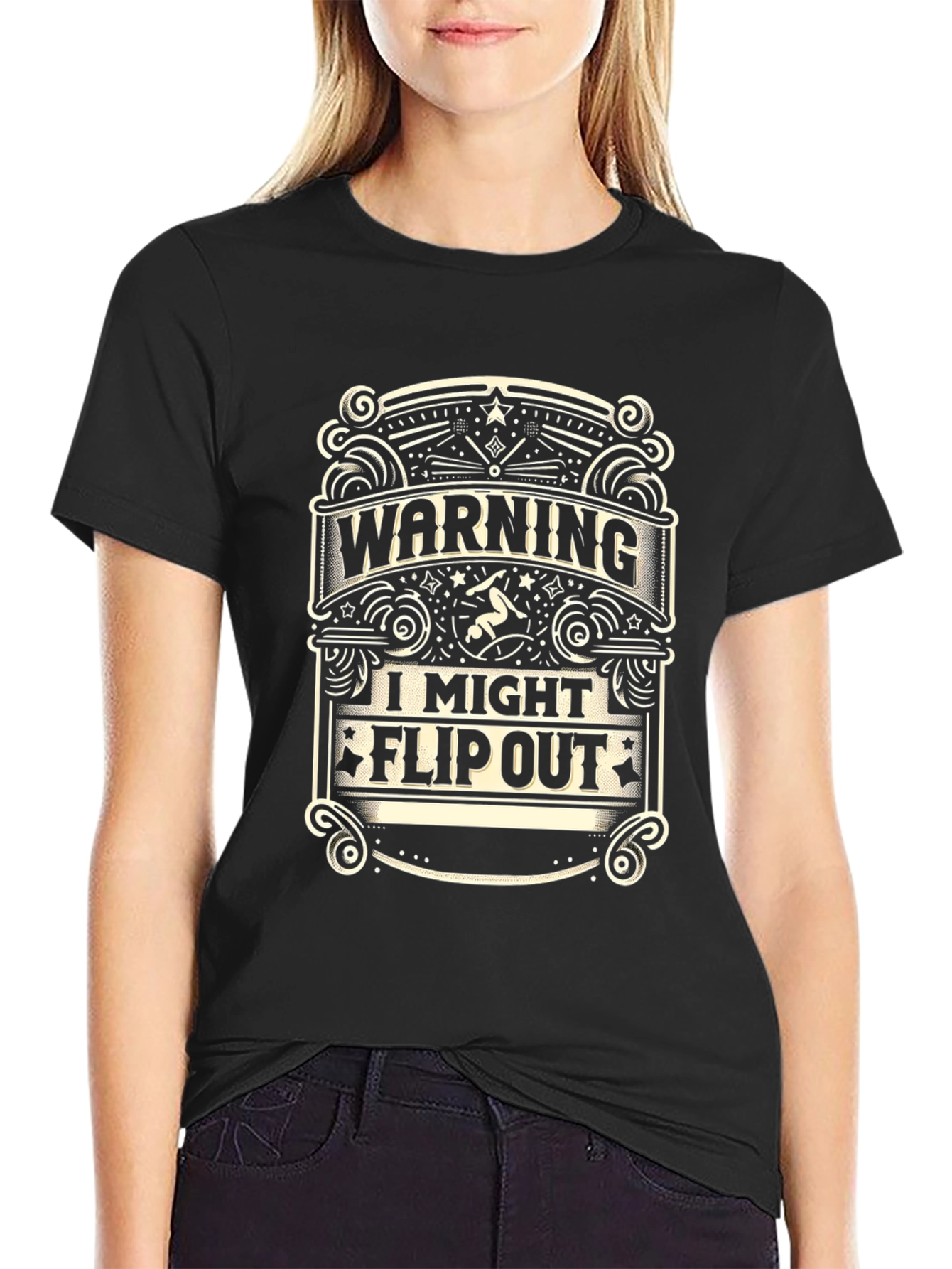 Black Warning: I Might Flip Out T-Shirt - Gymnastics Humor view 2