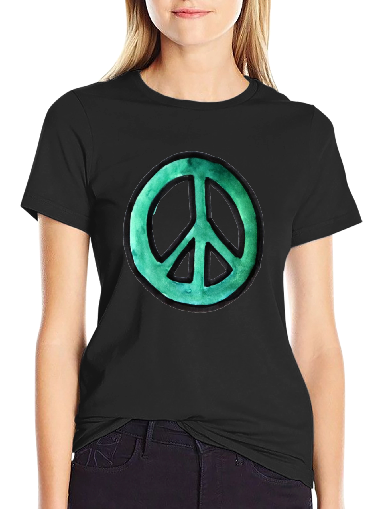 Black Peace Sign Graphic Tee - Black Cotton view 2