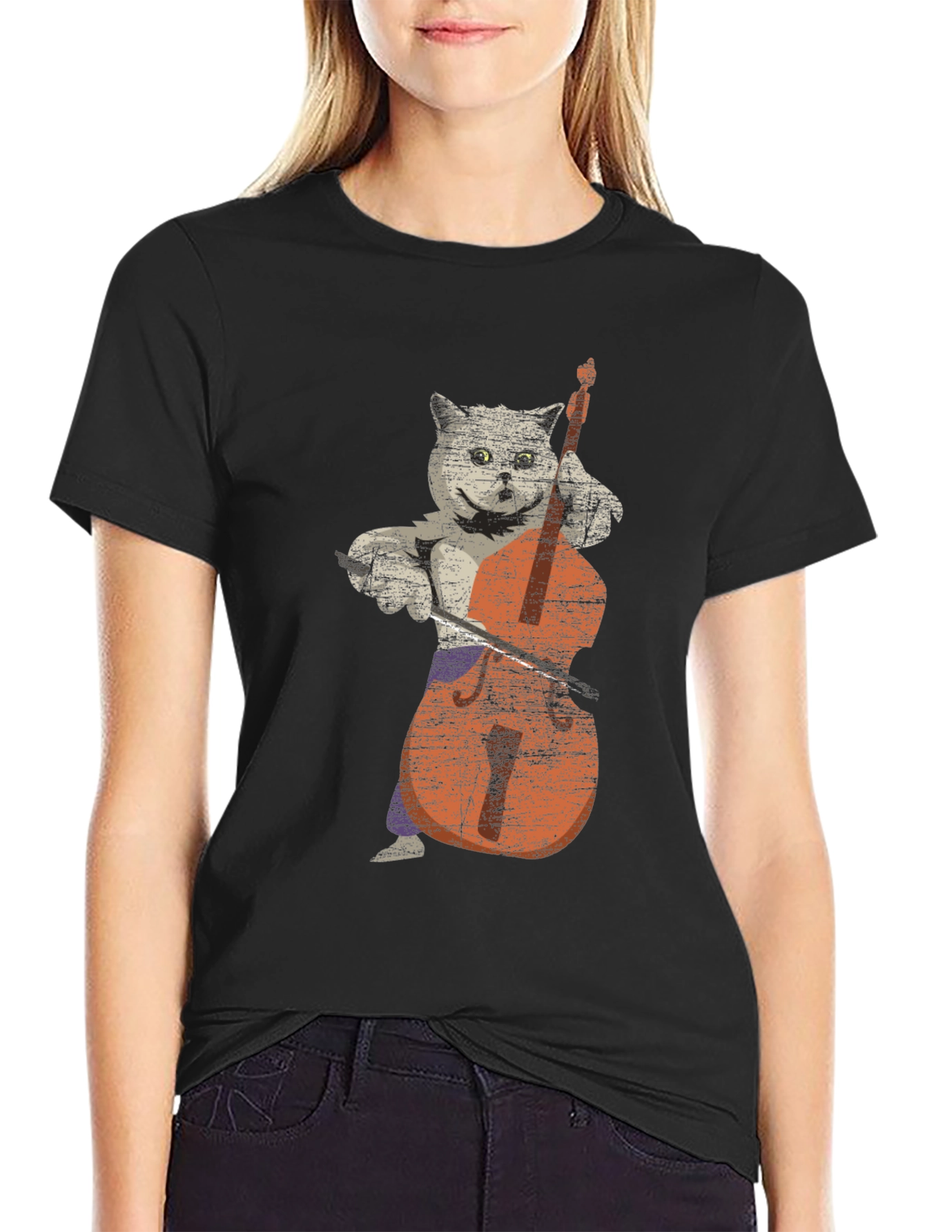 Black Cat Playing Cello Graphic T-Shirt view 2
