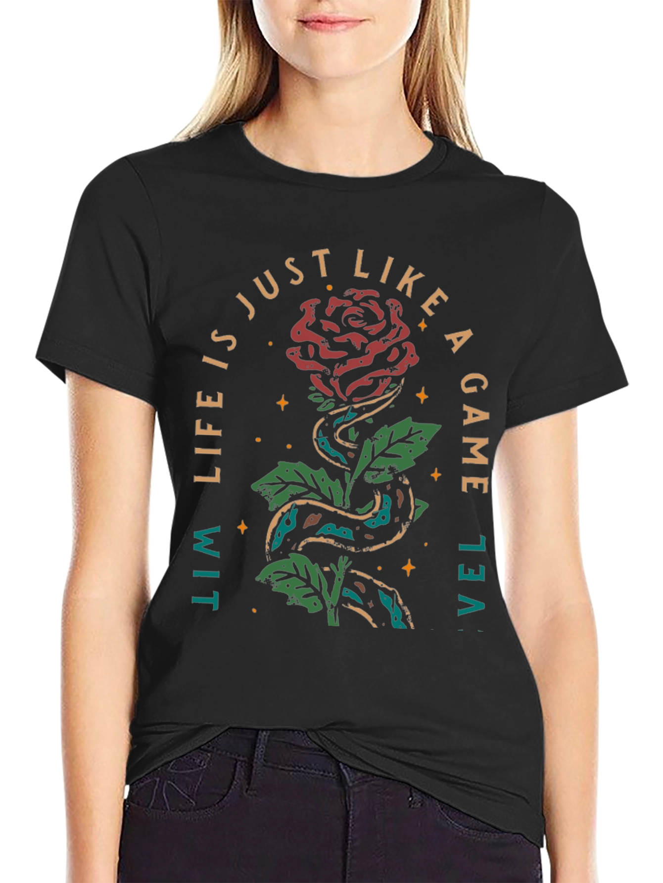 Black Rose & Snake Graphic Tee - Life is a Game T-Shirt view 2
