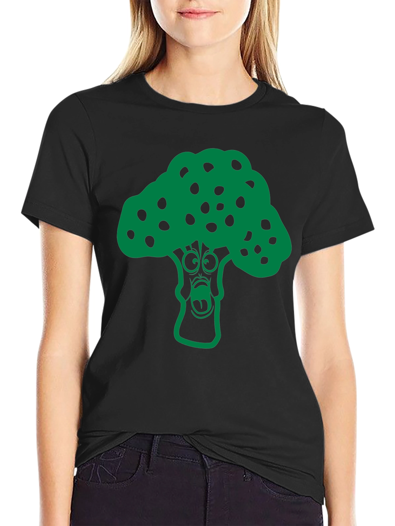 Black Cartoon Broccoli Graphic T-Shirt - Funny Vegan Tee view 2