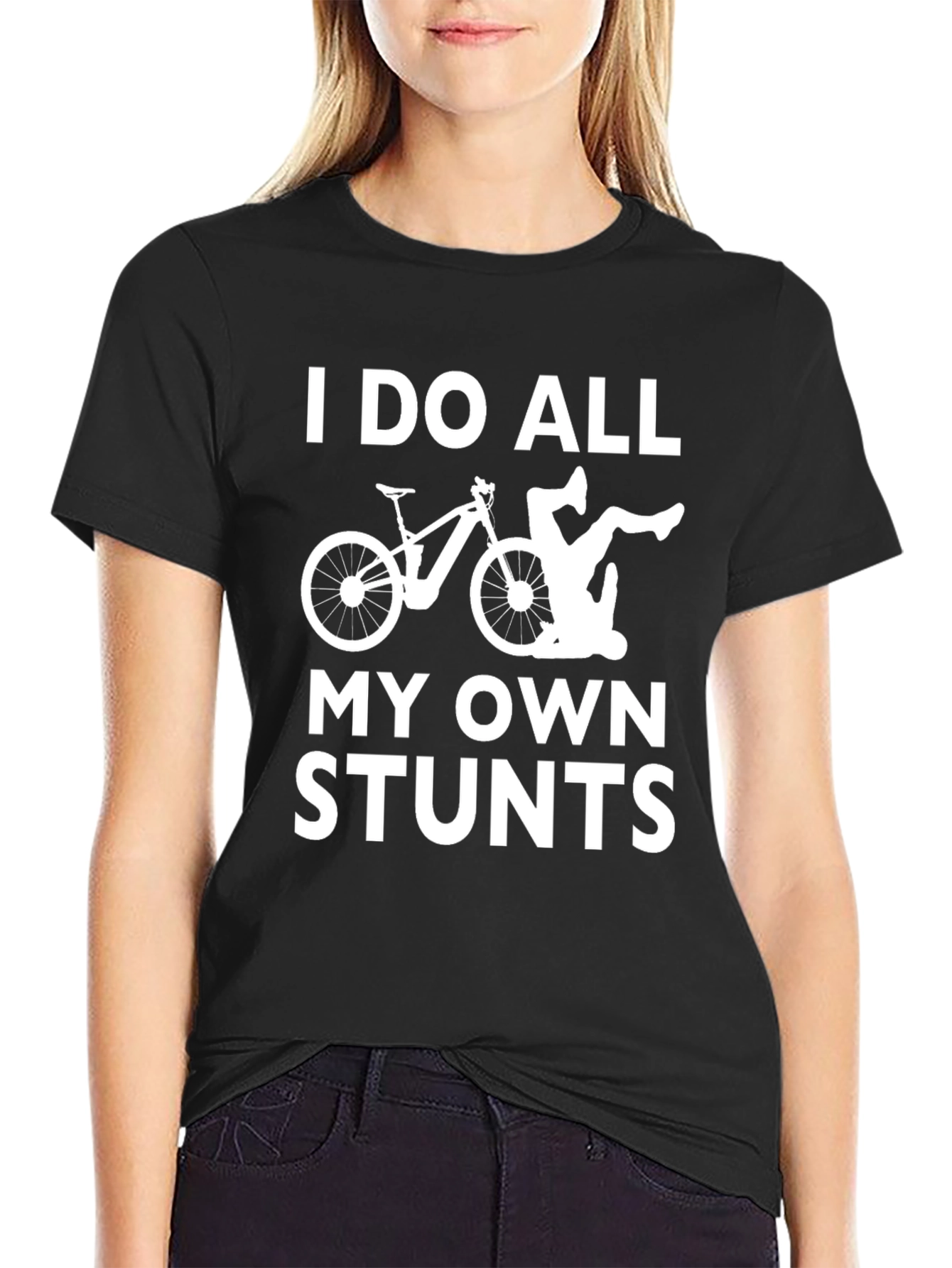 Black I Do All My Own Stunts - Funny Bike Graphic T-Shirt view 2
